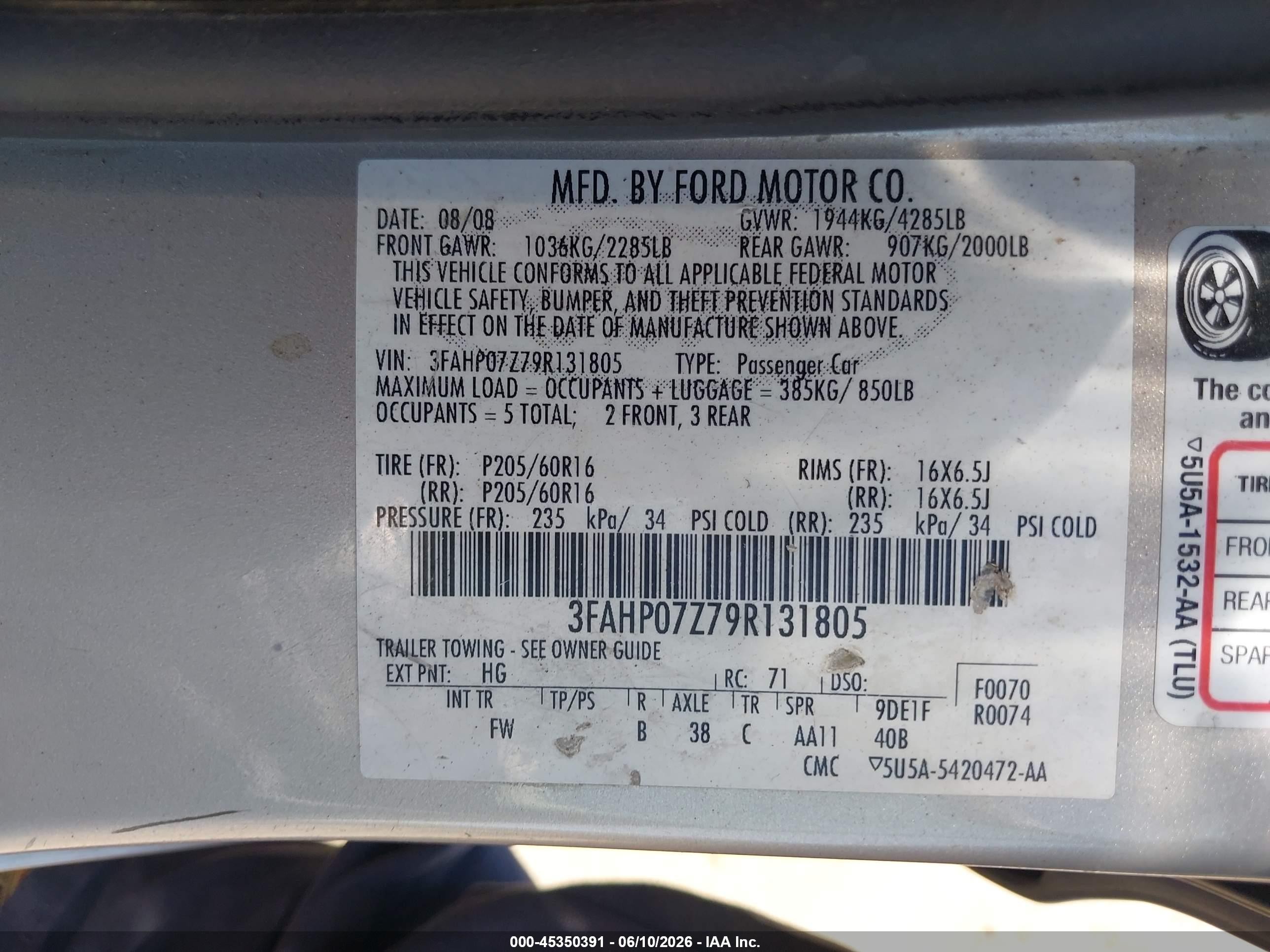 2009 Ford Fusion Se Champagne vin: 3FAHP07Z79R131805