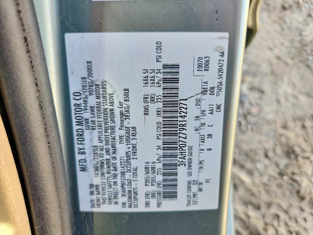 2009 Ford Fusion Se Teal vin: 3FAHP07Z79R142271