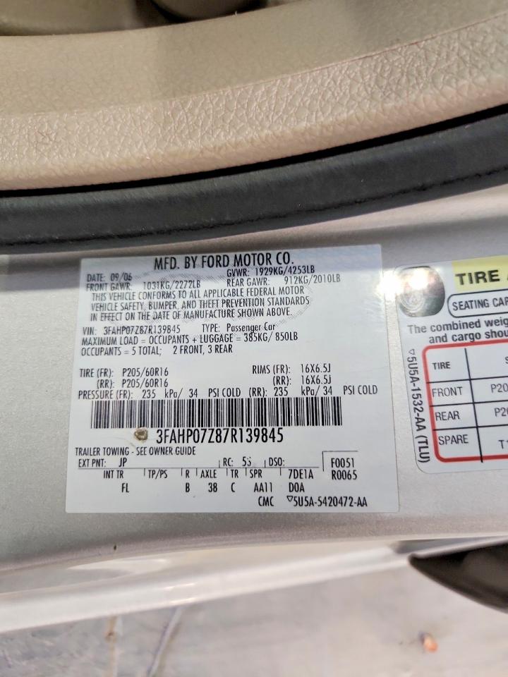 2007 Ford Fusion Se Silver vin: 3FAHP07Z87R139845