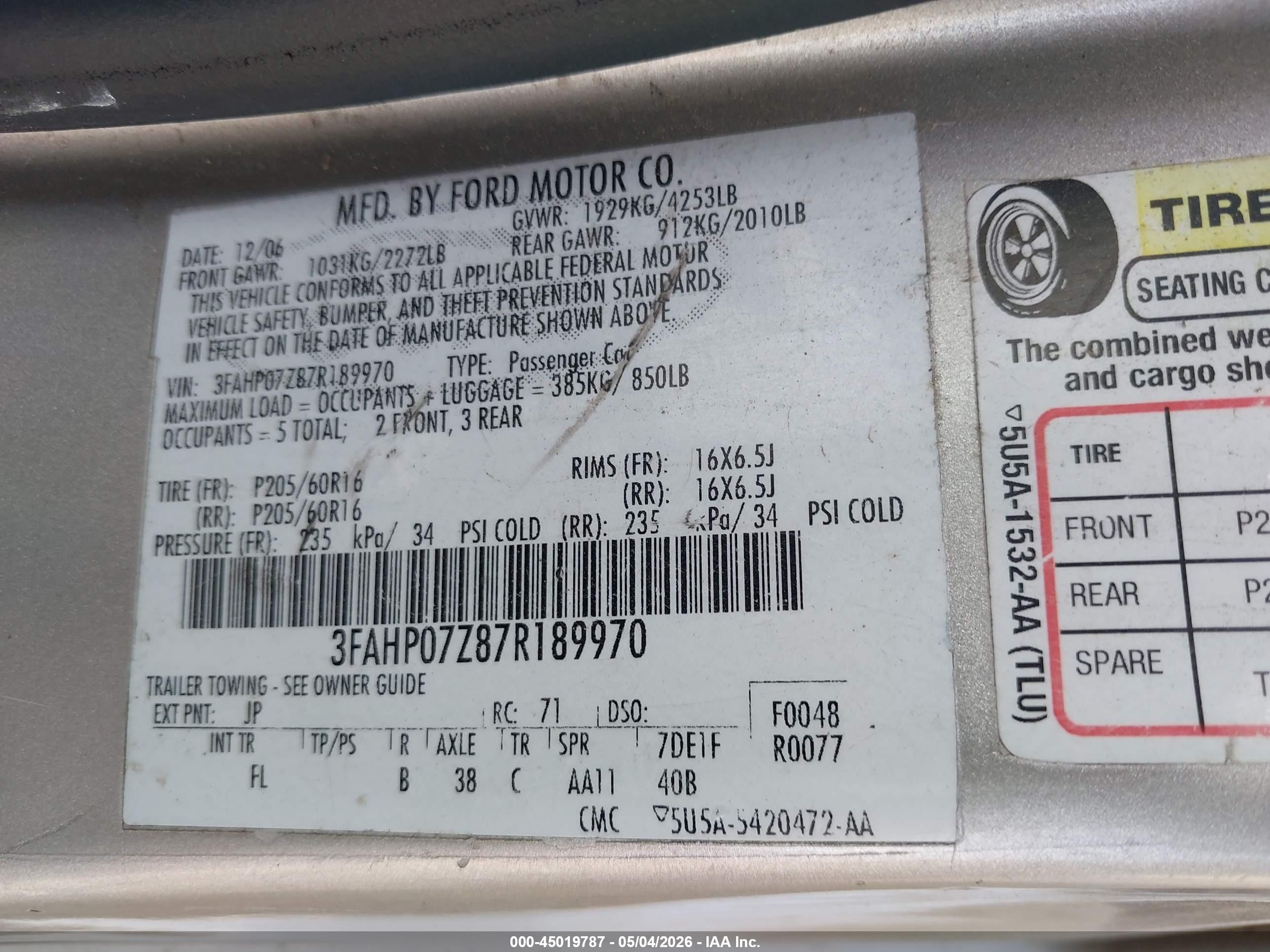 2007 Ford Fusion Se Silver vin: 3FAHP07Z87R189970