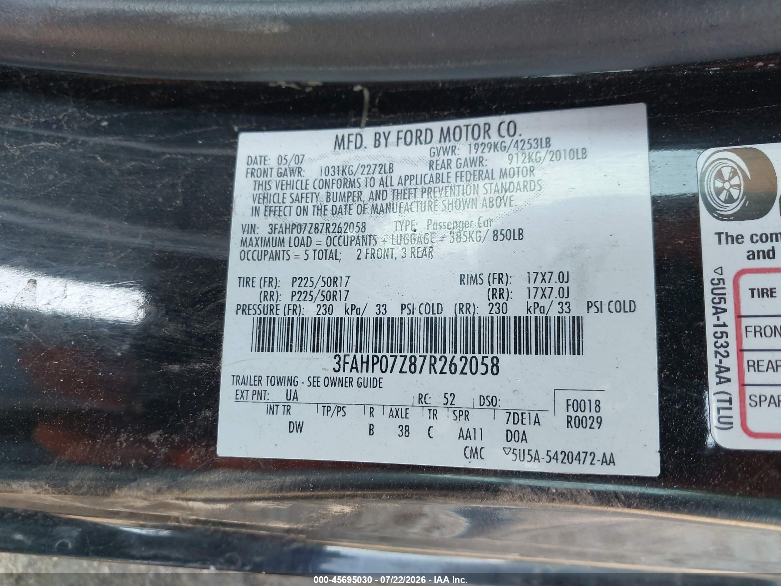 2007 Ford Fusion Se Black vin: 3FAHP07Z87R262058