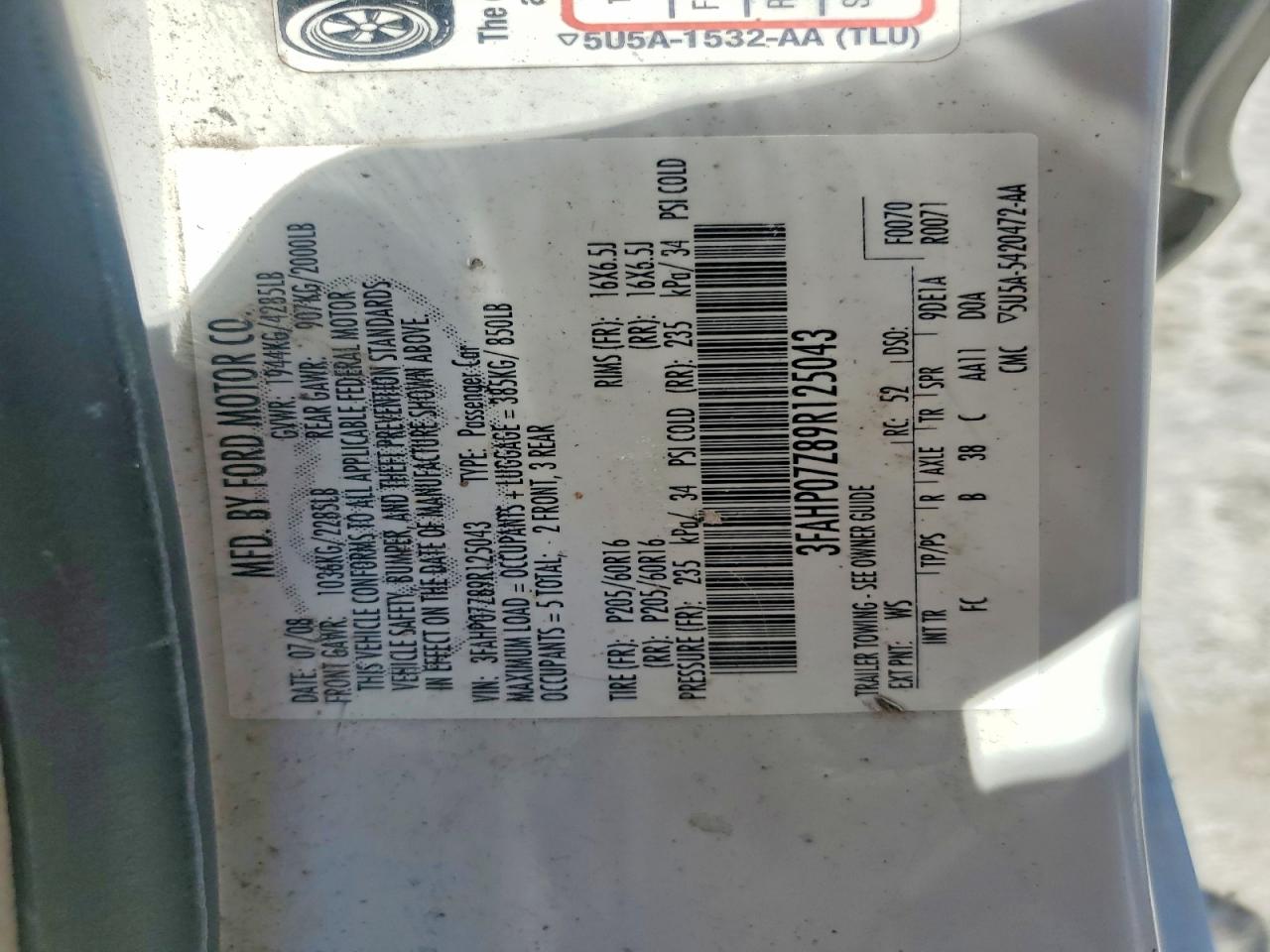2009 Ford Fusion Белый vin: 3FAHP07Z89R125043