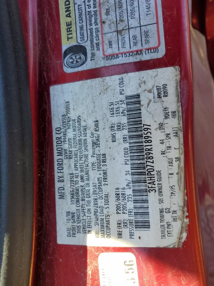 2009 Ford Fusion Se Red vin: 3FAHP07Z89R189597