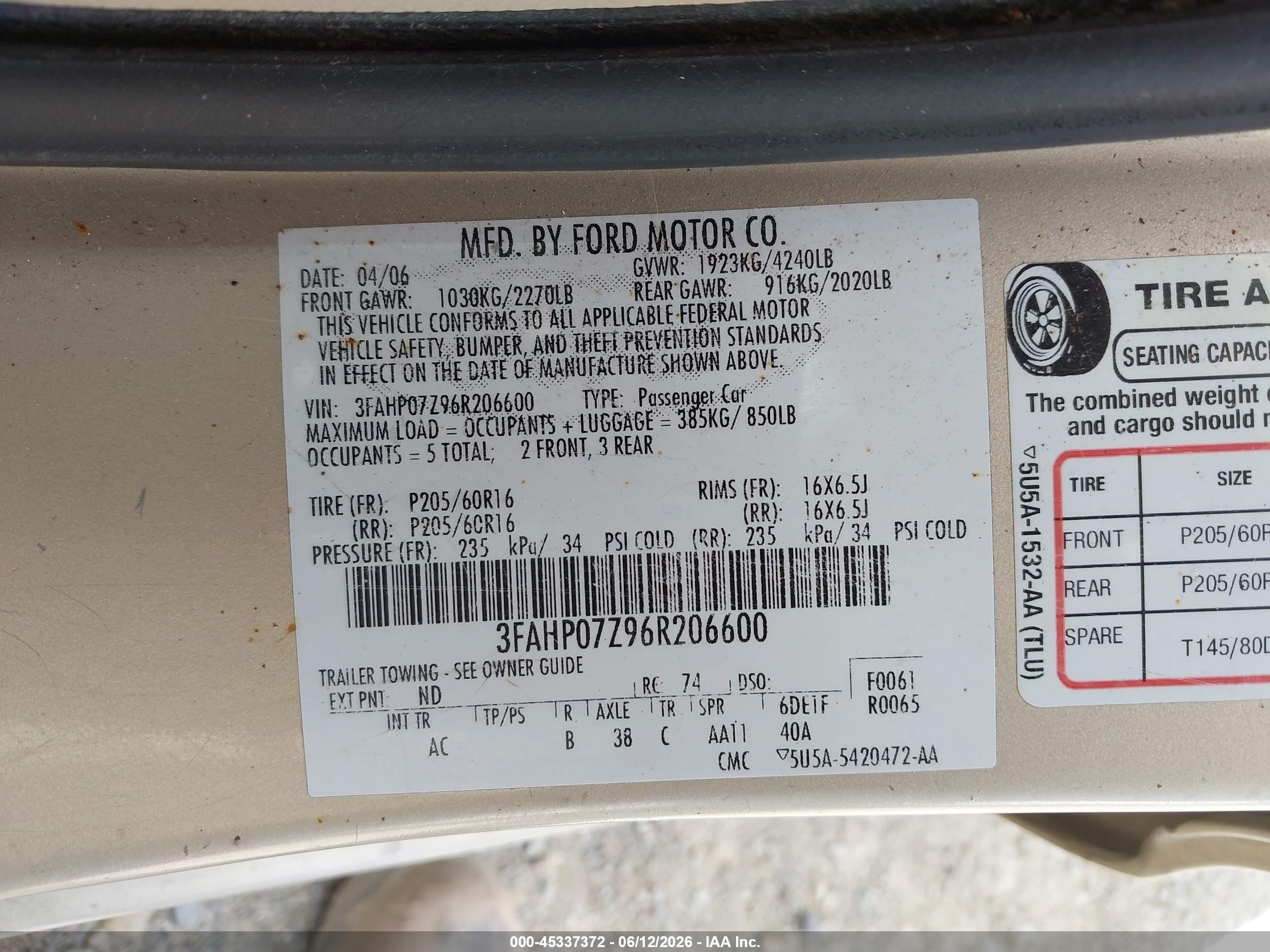 2006 Ford Fusion Se Gold vin: 3FAHP07Z96R206600