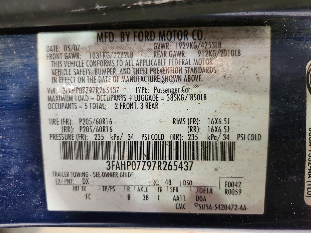 2007 Ford Fusion Se Blue vin: 3FAHP07Z97R265437