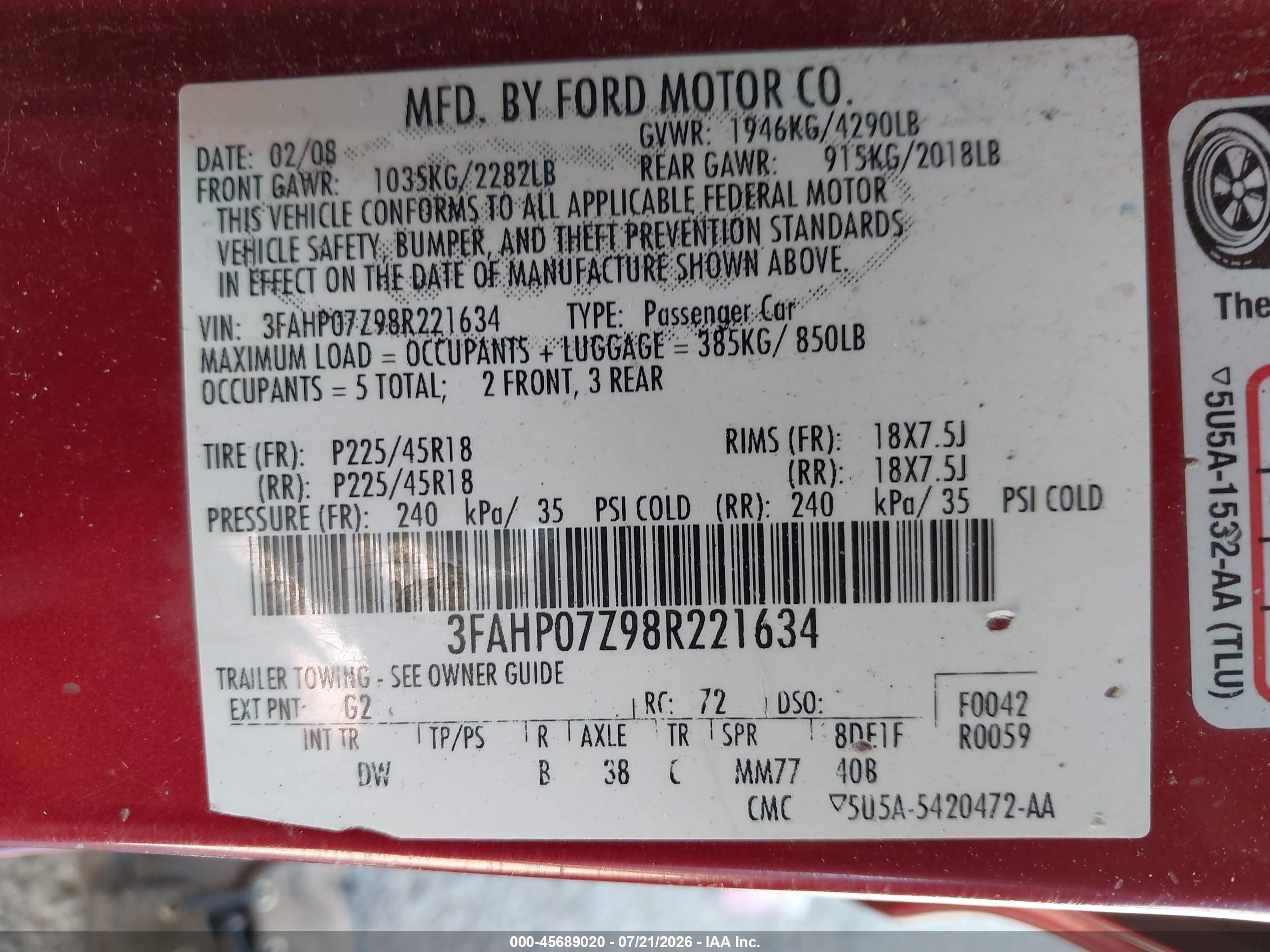 2008 Ford Fusion Se Burgundy vin: 3FAHP07Z98R221634
