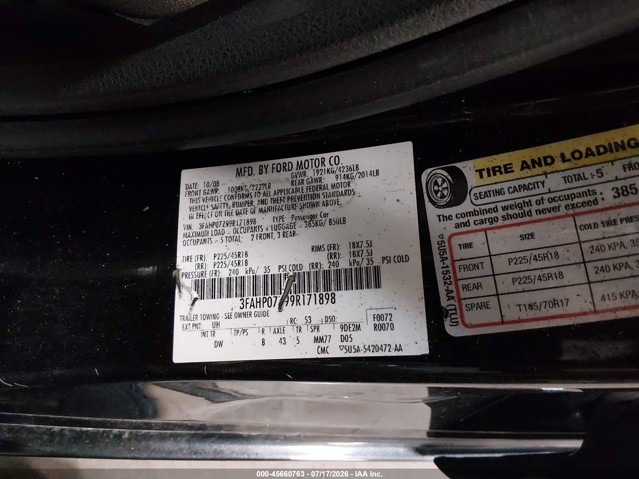 2009 Ford Fusion Se Черный vin: 3FAHP07Z99R171898