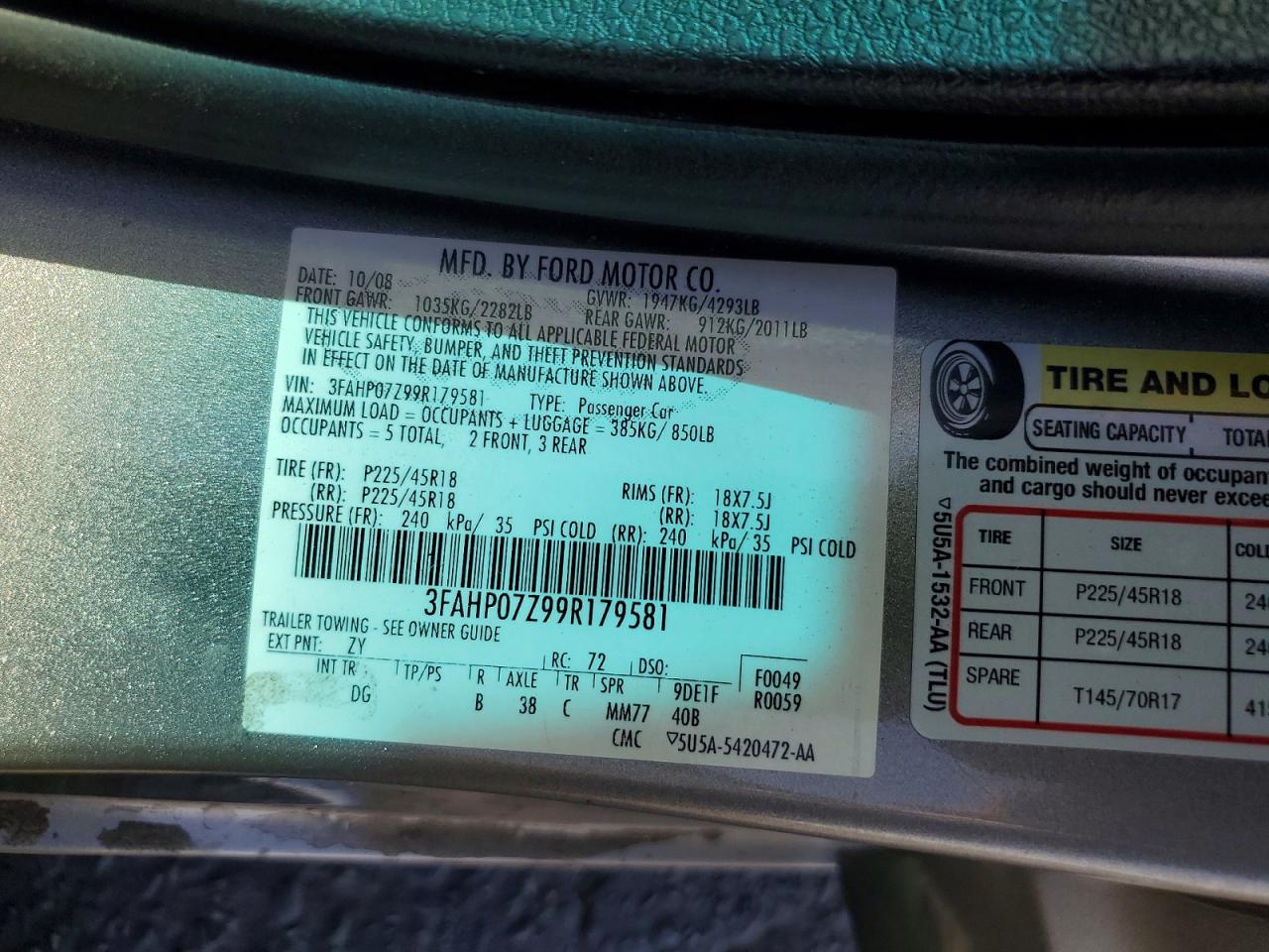 2009 Ford Fusion Se Silver vin: 3FAHP07Z99R179581
