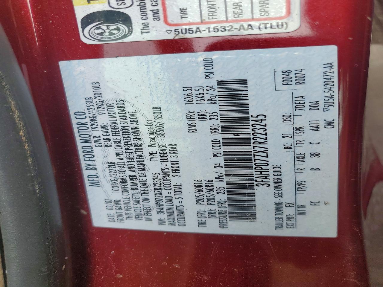 2007 Ford Fusion Se Burgundy vin: 3FAHP07ZX7R223245