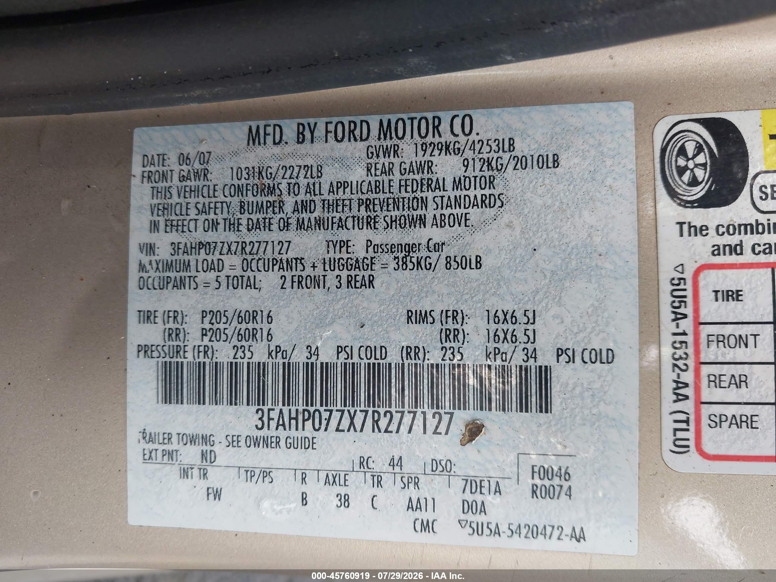 2007 Ford Fusion Se Beige vin: 3FAHP07ZX7R277127
