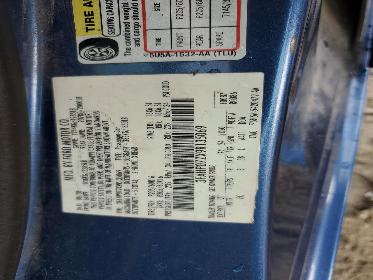 2009 Ford Fusion Se Blue vin: 3FAHP07ZX9R135069