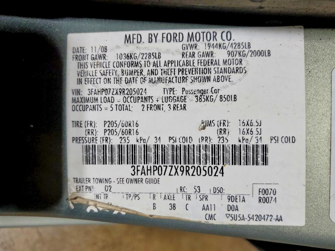 2009 Ford Fusion Se Green vin: 3FAHP07ZX9R205024