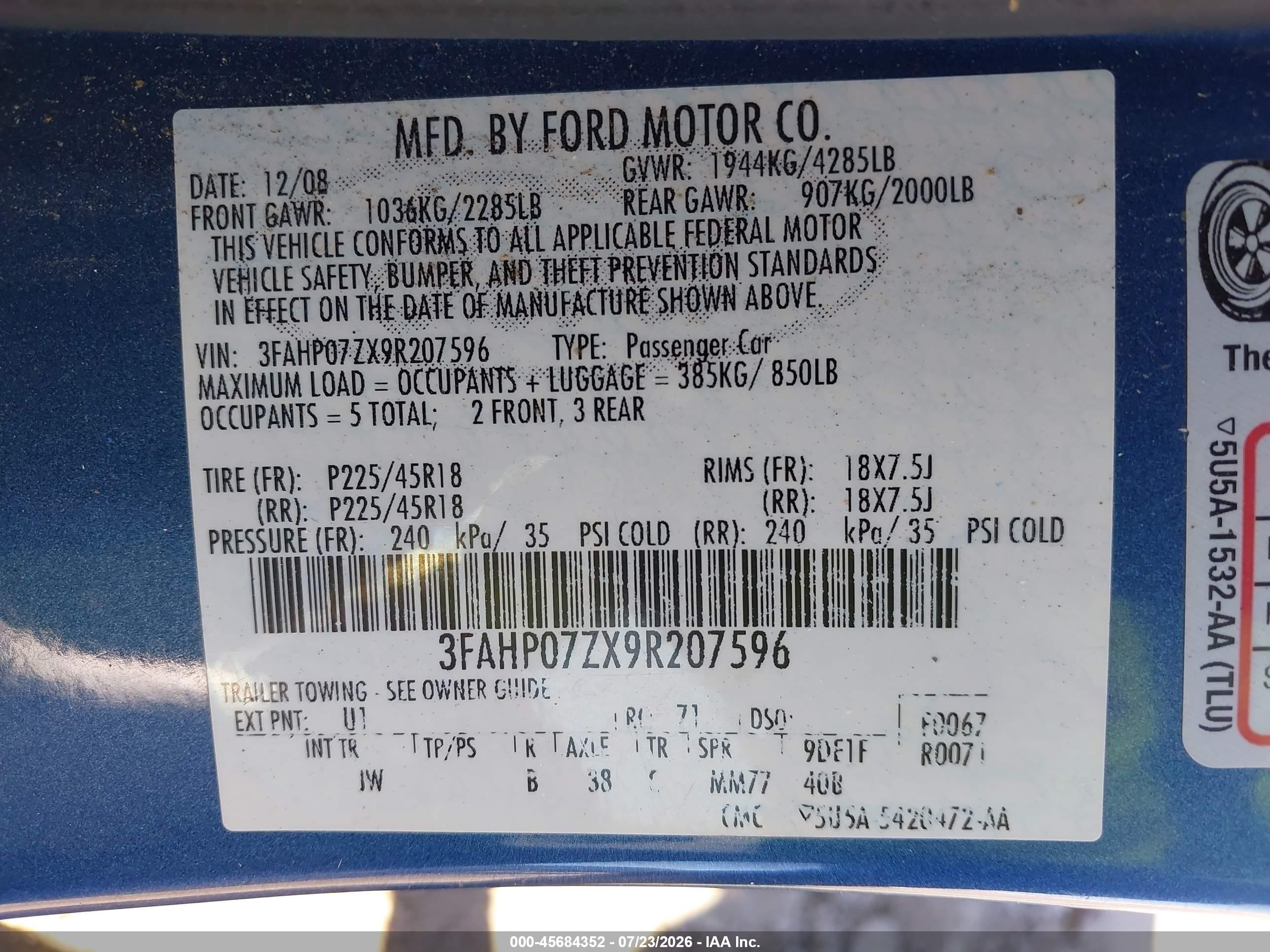2009 Ford Fusion Se Blue vin: 3FAHP07ZX9R207596