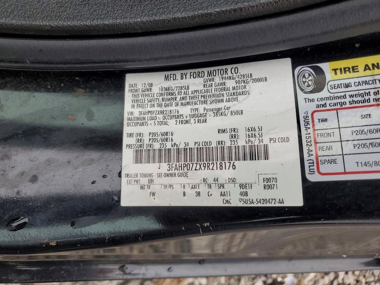 2009 Ford Fusion Se Black vin: 3FAHP07ZX9R218176