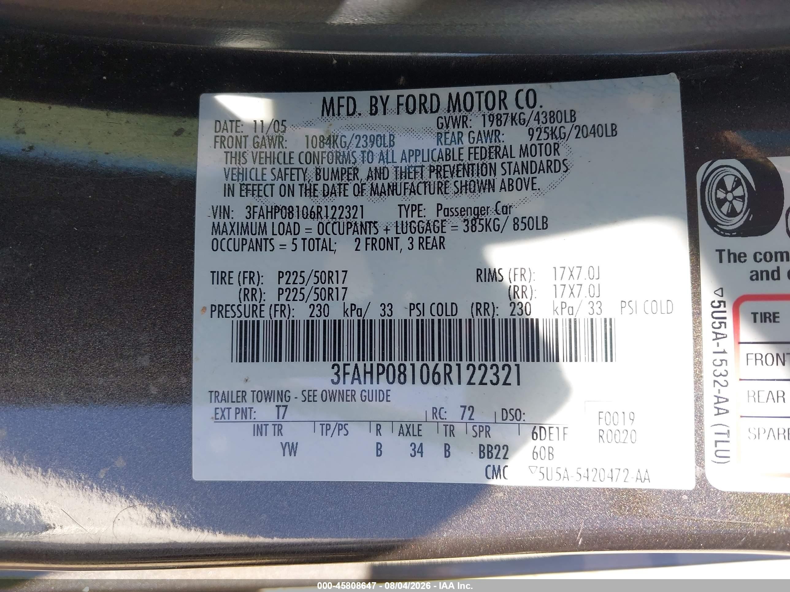 2006 Ford Fusion Sel Серый vin: 3FAHP08106R122321