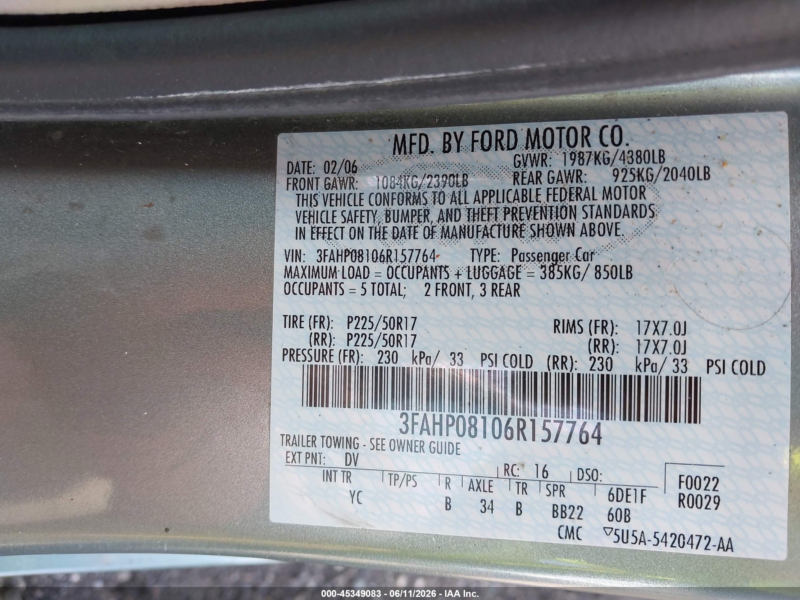 2006 Ford Fusion Sel Green vin: 3FAHP08106R157764
