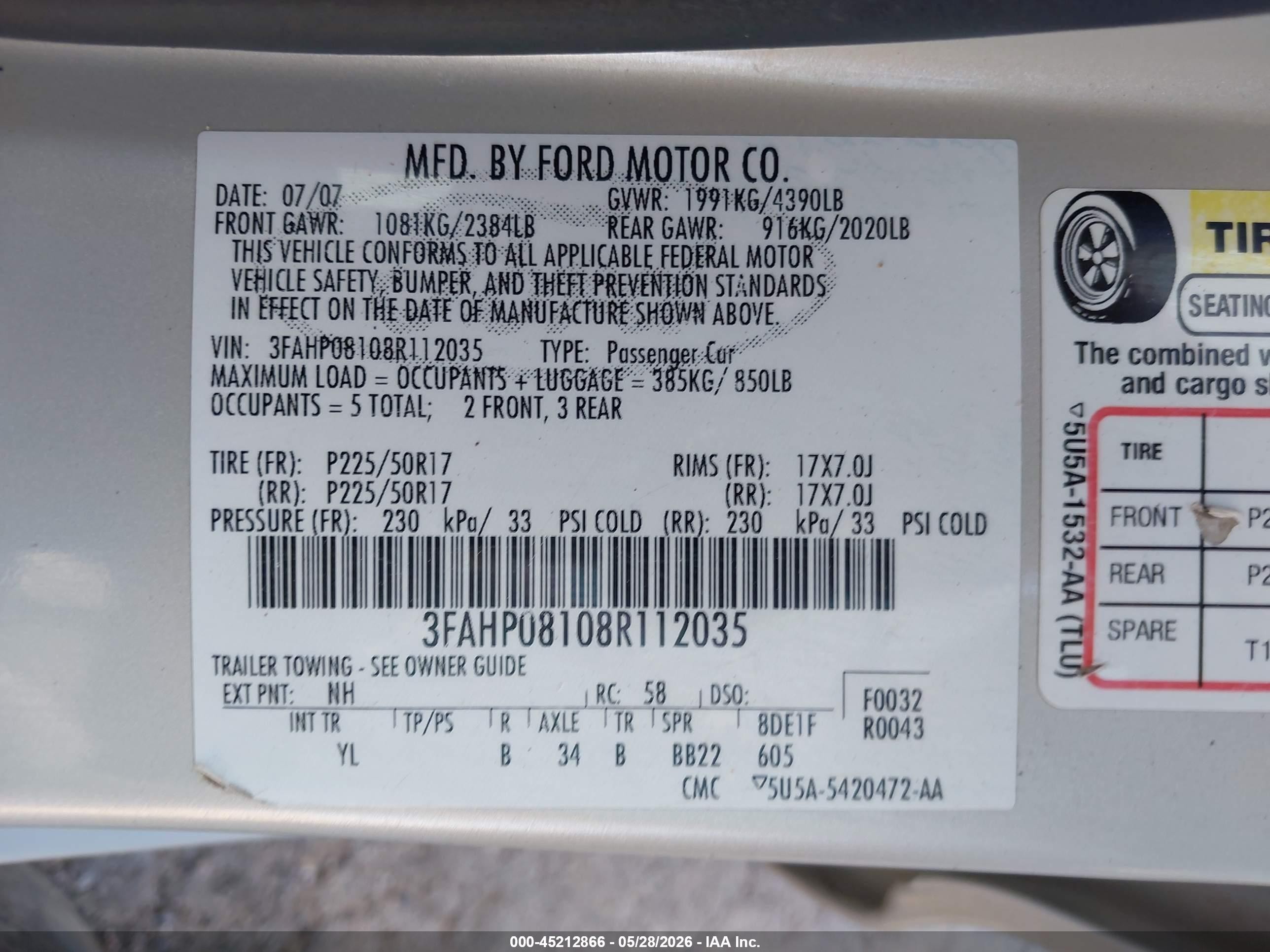 2008 Ford Fusion Sel Champagne vin: 3FAHP08108R112035