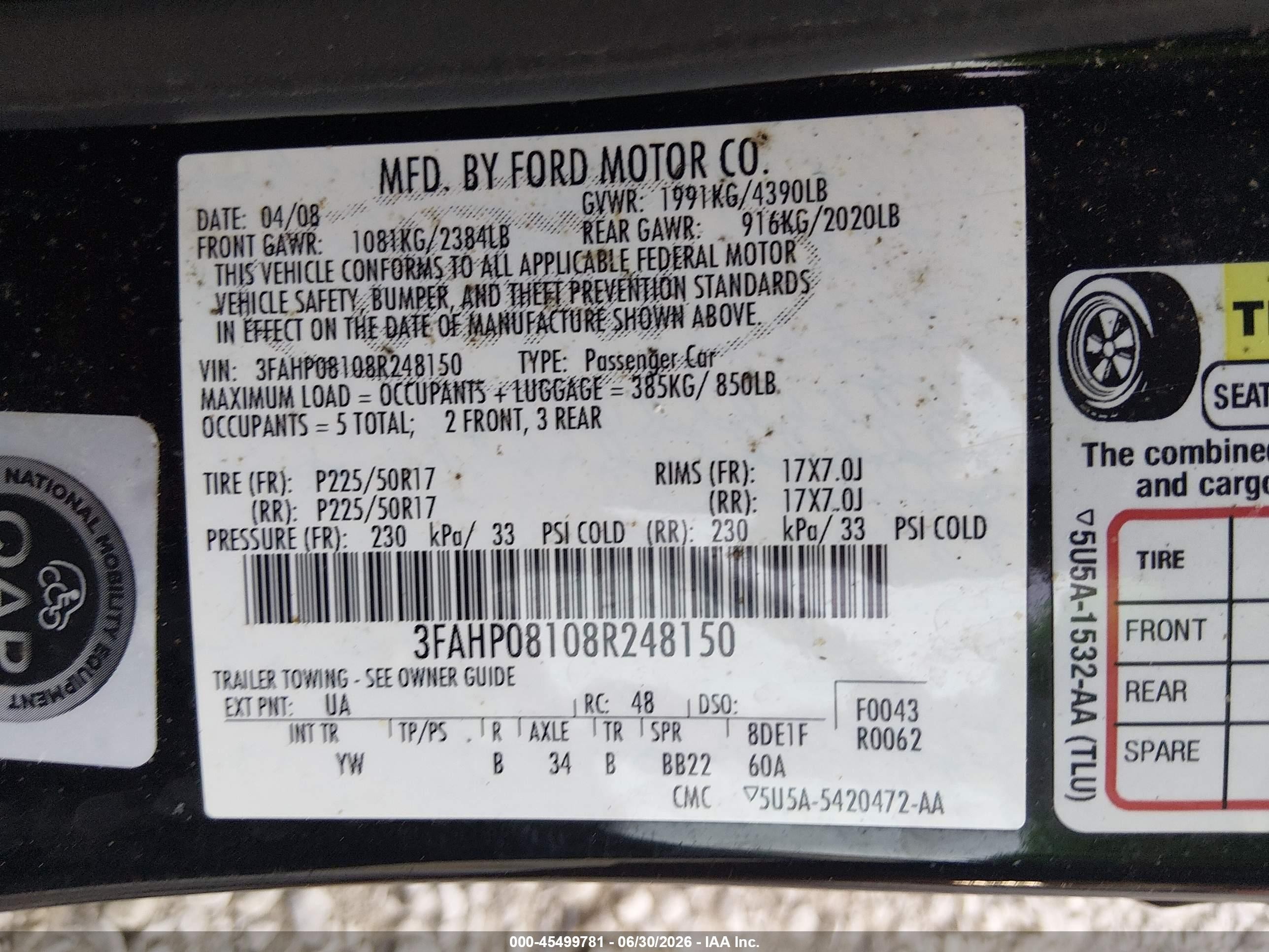 2008 Ford Fusion Sel Black vin: 3FAHP08108R248150