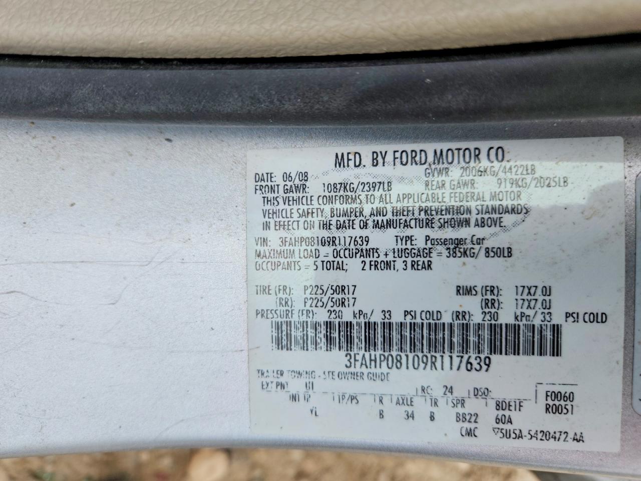 2009 Ford Fusion Sel Silver vin: 3FAHP08109R117639