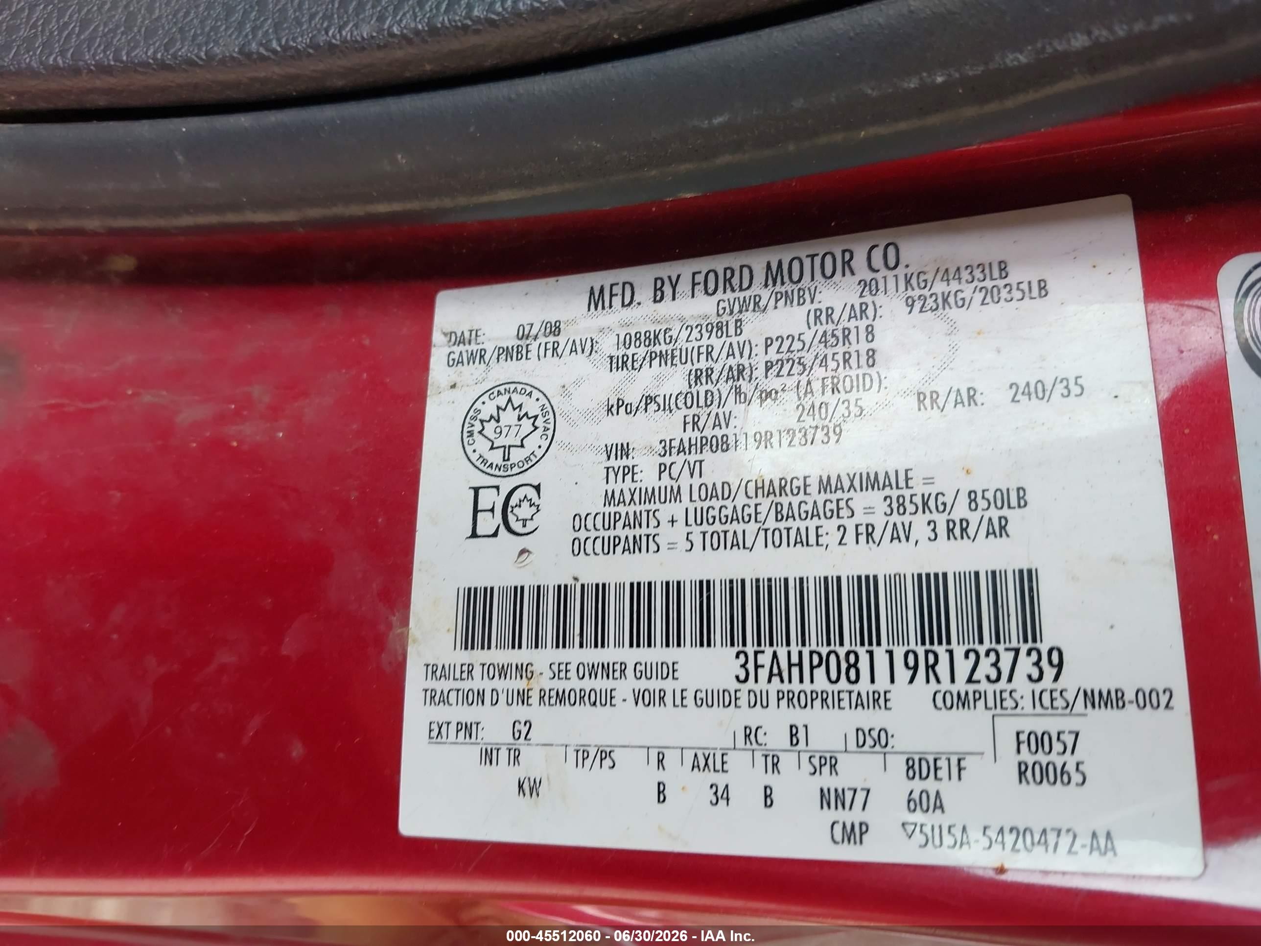 2009 Ford Fusion Sel Red vin: 3FAHP08119R123739
