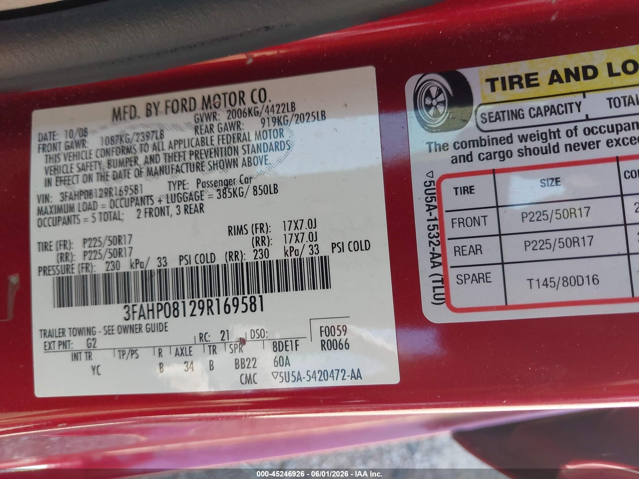 2009 Ford Fusion Sel Red vin: 3FAHP08129R169581