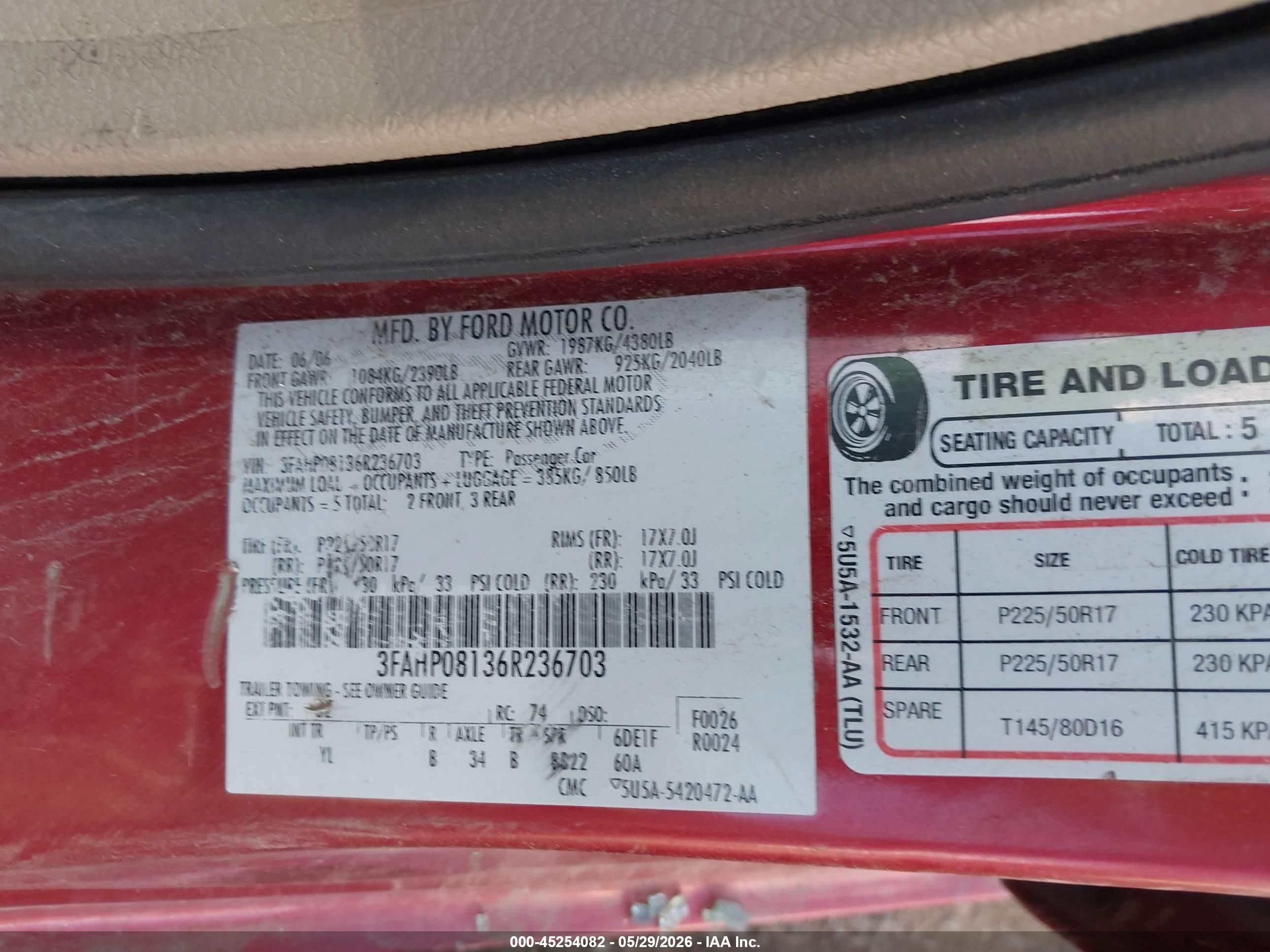 2006 Ford Fusion Sel Red vin: 3FAHP08136R236703