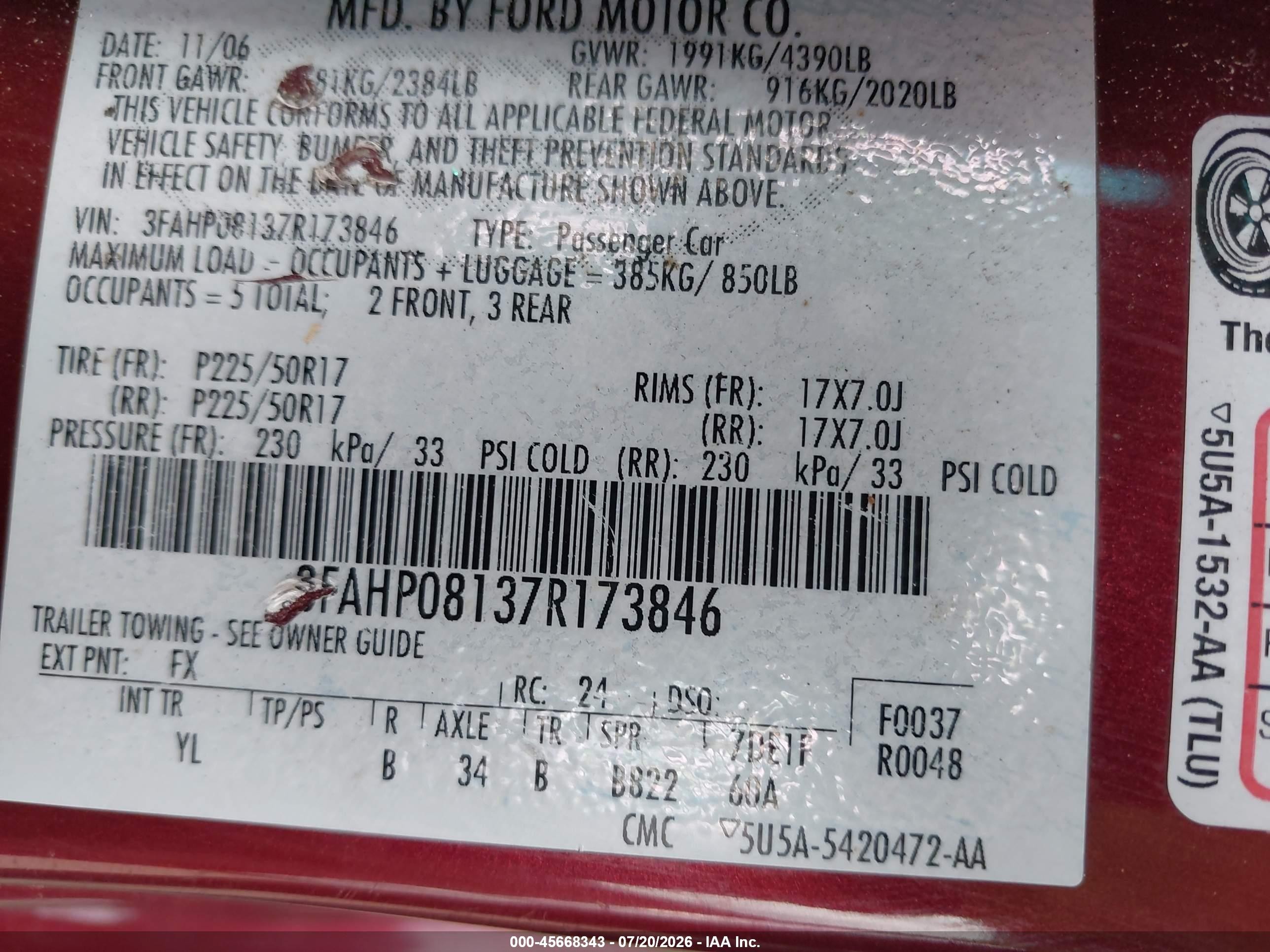 2007 Ford Fusion Sel Red vin: 3FAHP08137R173846