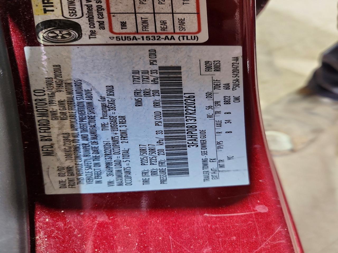 2007 Ford Fusion Burgundy vin: 3FAHP08137R220261
