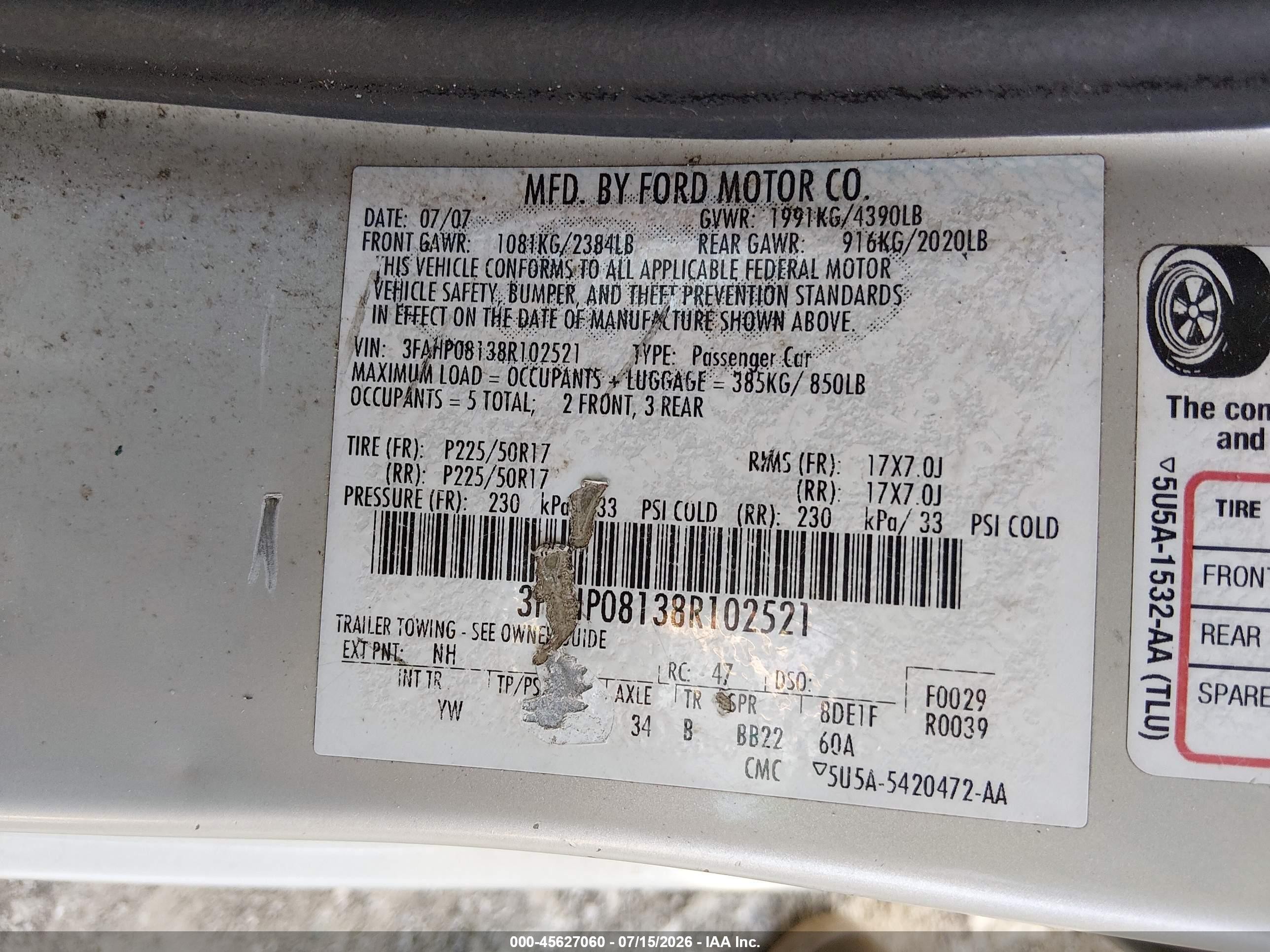 2008 Ford Fusion Sel Cream vin: 3FAHP08138R102521