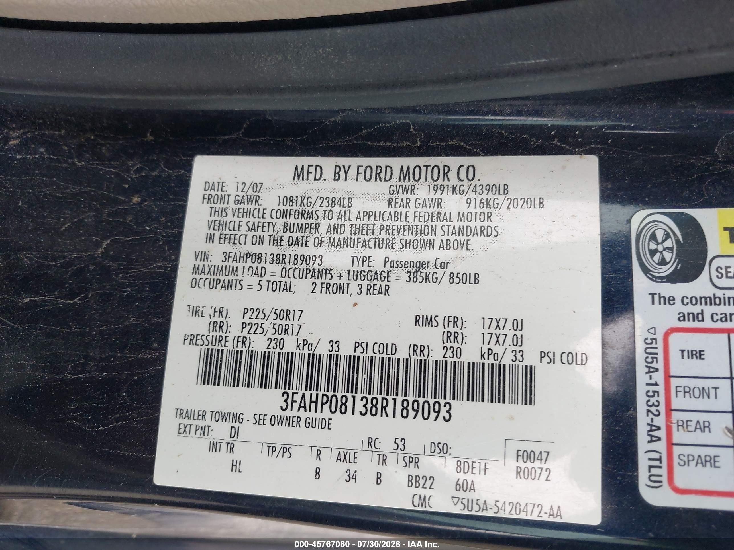 2008 Ford Fusion Sel Blue vin: 3FAHP08138R189093
