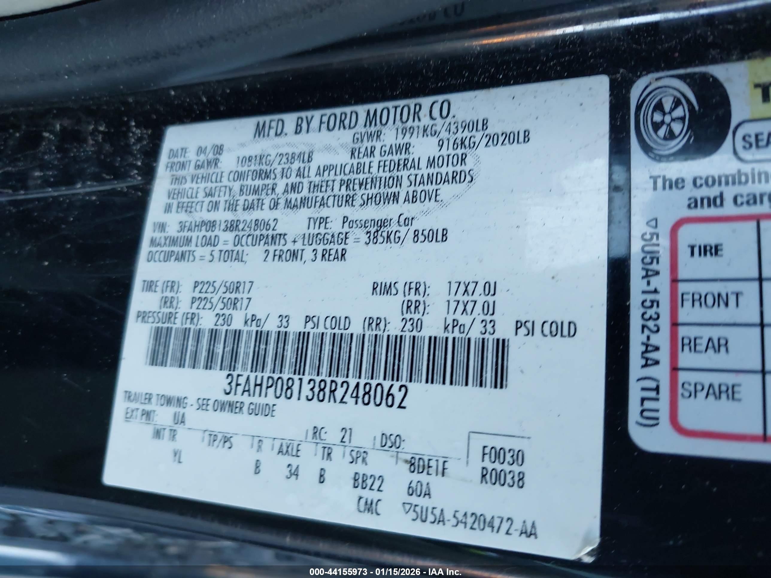 2008 Ford Fusion Sel Черный vin: 3FAHP08138R248062