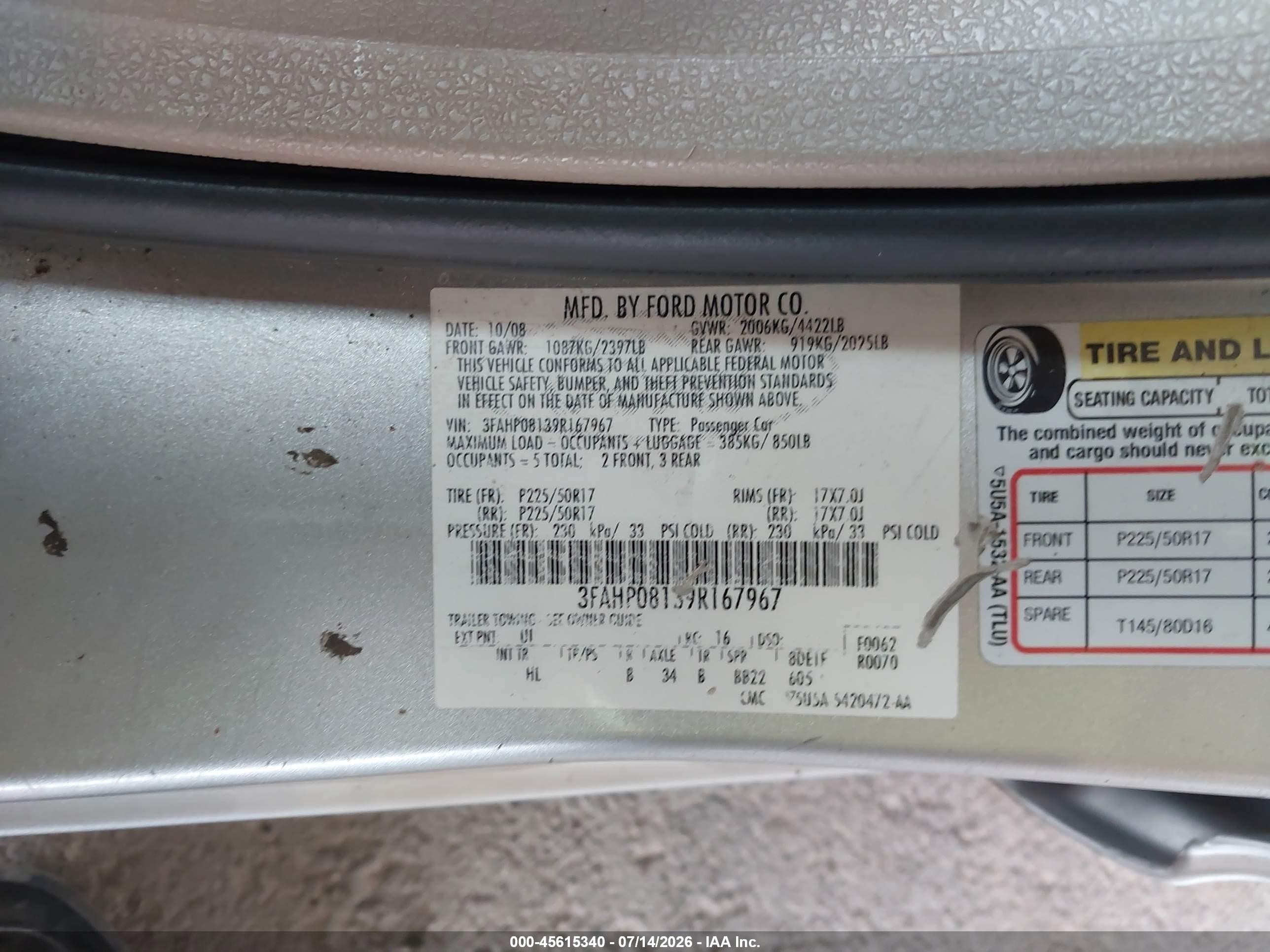2009 Ford Fusion Sel Silver vin: 3FAHP08139R167967