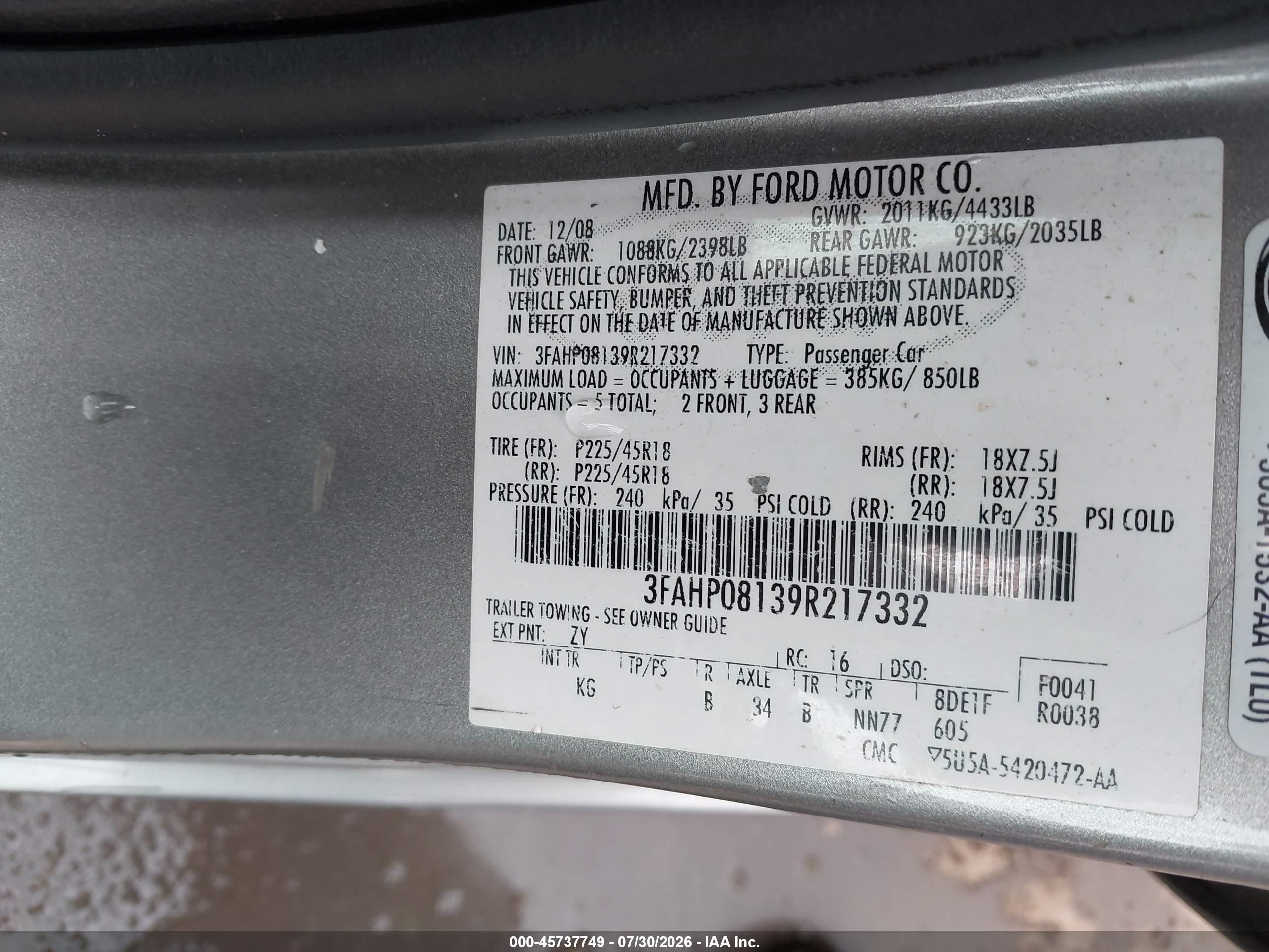 2009 Ford Fusion Sel Silver vin: 3FAHP08139R217332
