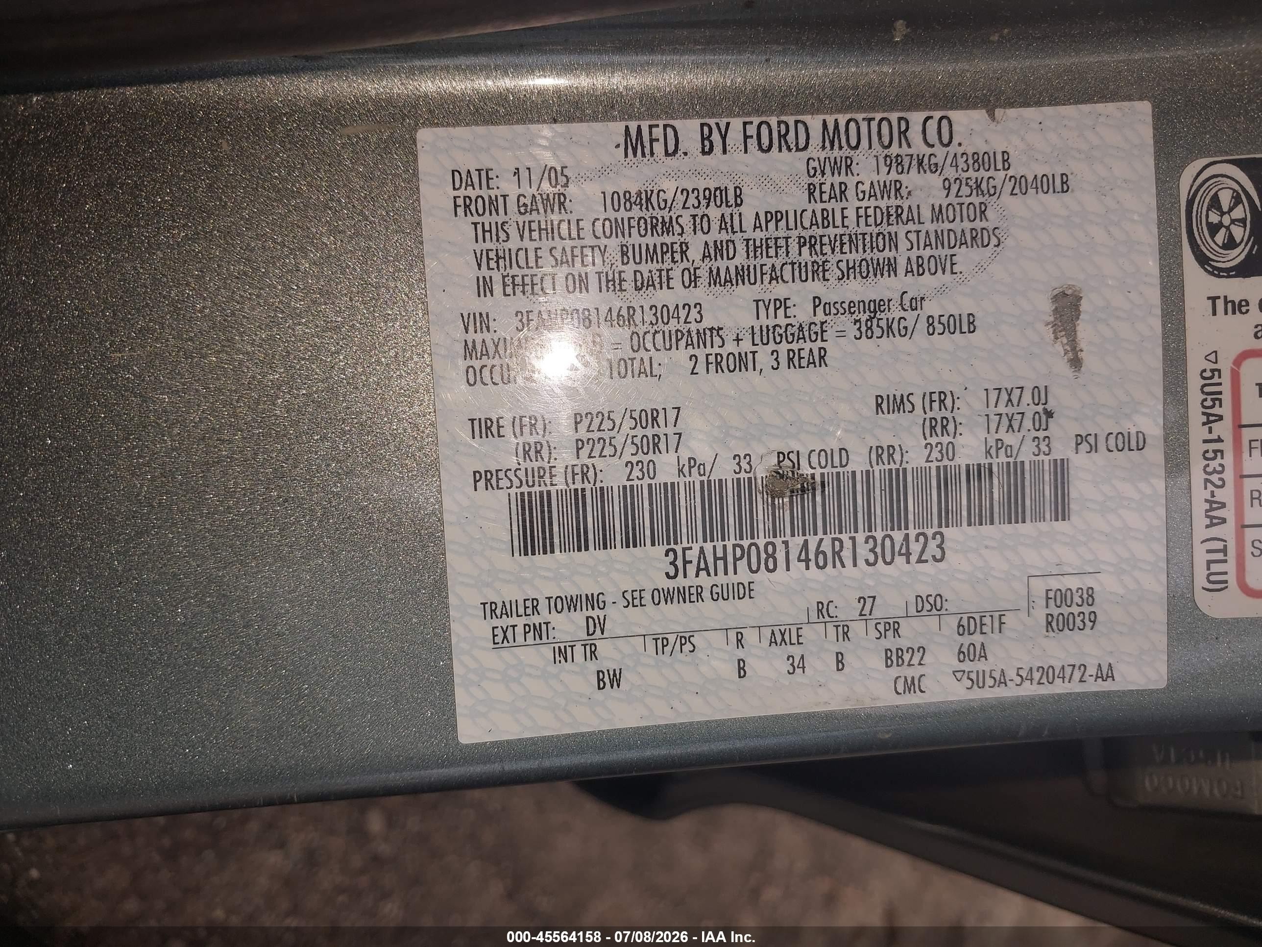 2006 Ford Fusion Sel Blue vin: 3FAHP08146R130423