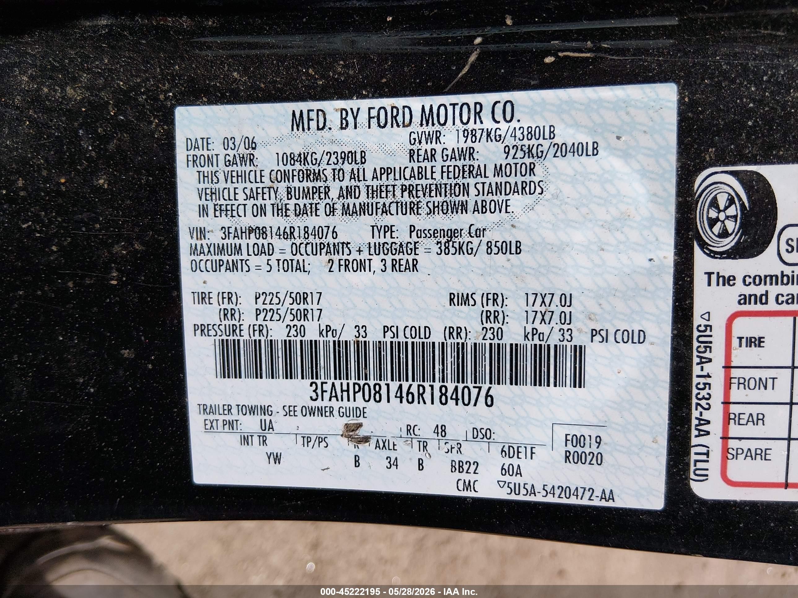 2006 Ford Fusion Sel Black vin: 3FAHP08146R184076