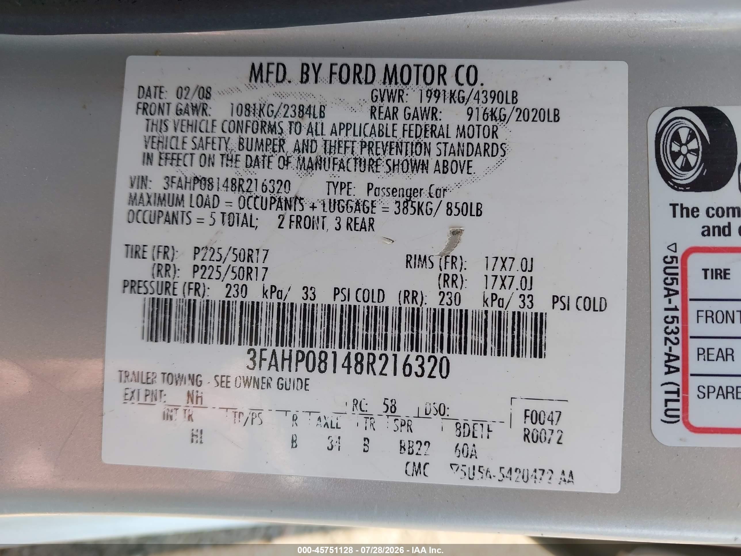 2008 Ford Fusion Sel White vin: 3FAHP08148R216320