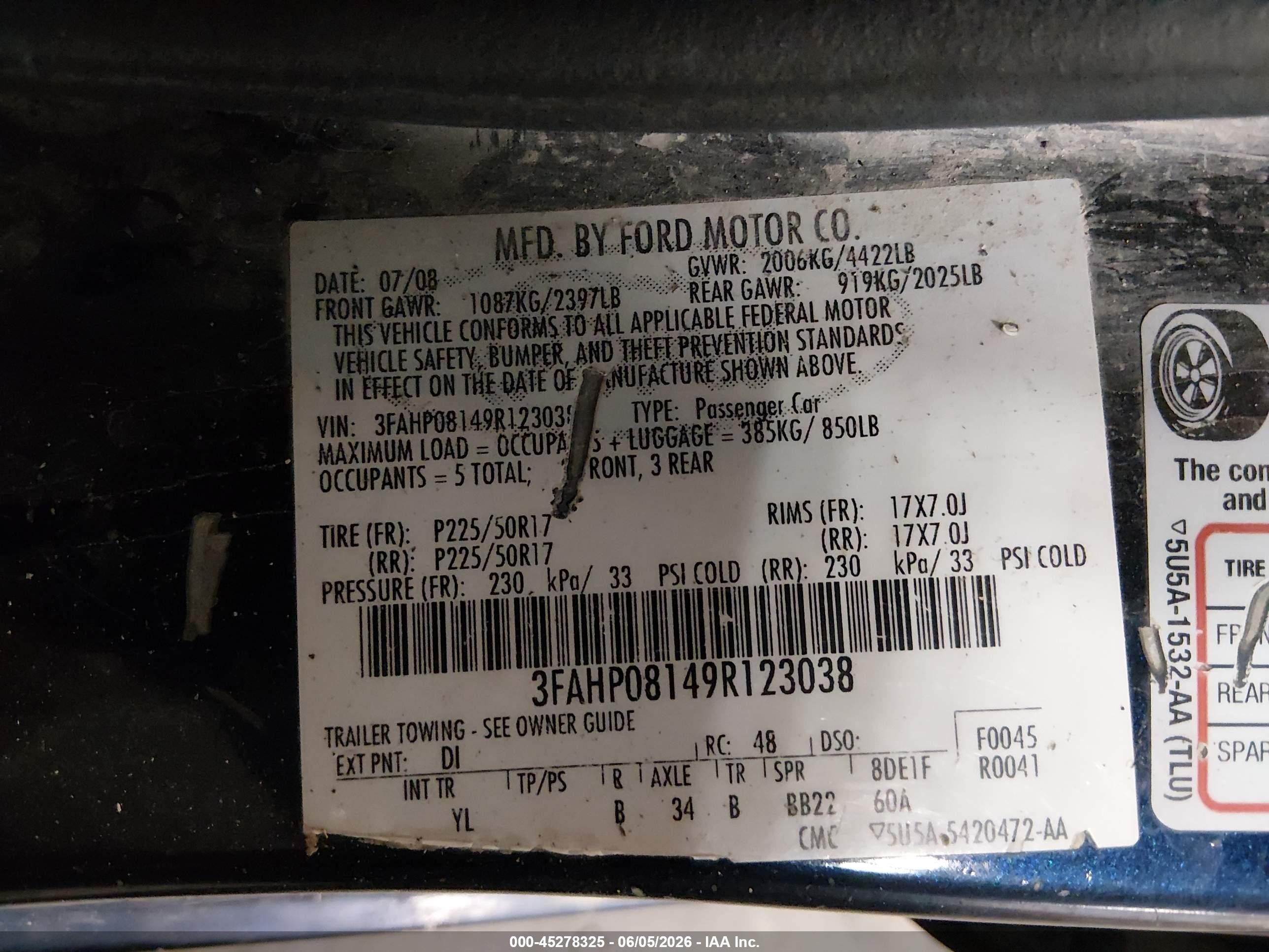 2009 Ford Fusion Sel Dark Blue vin: 3FAHP08149R123038