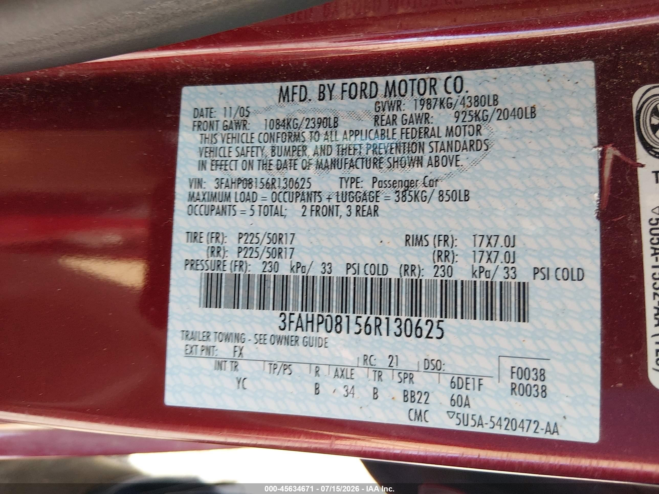 2006 Ford Fusion Sel Red vin: 3FAHP08156R130625