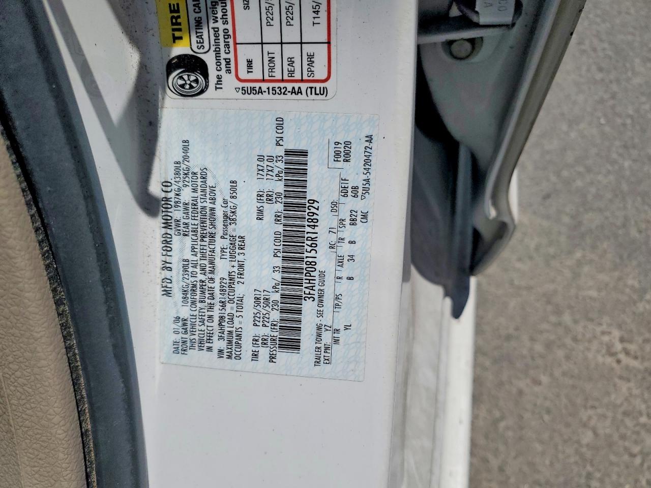 2006 Ford Fusion Sel White vin: 3FAHP08156R148929