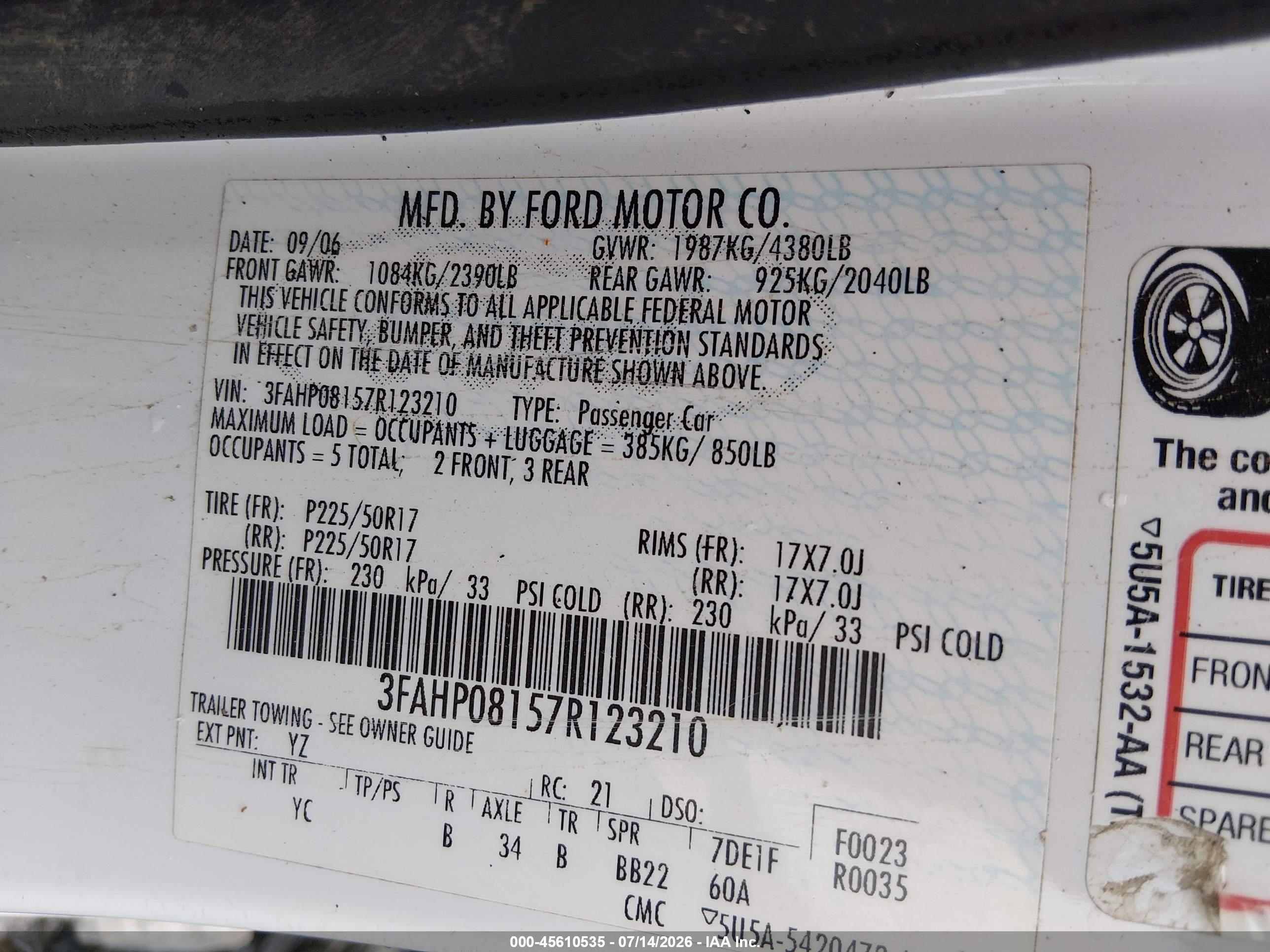 2007 Ford Fusion Sel White vin: 3FAHP08157R123210