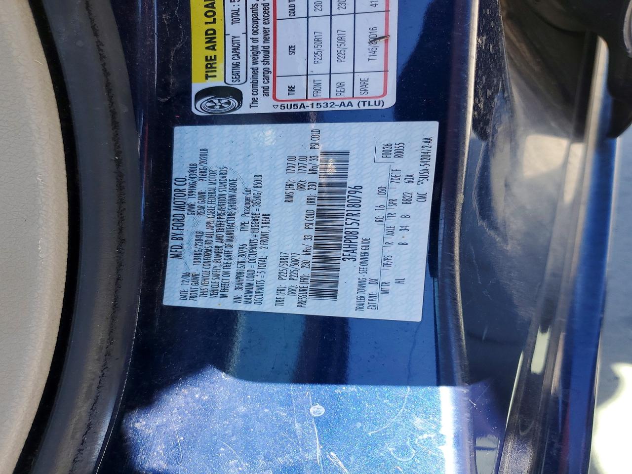2007 Ford Fusion Sel Blue vin: 3FAHP08157R180796