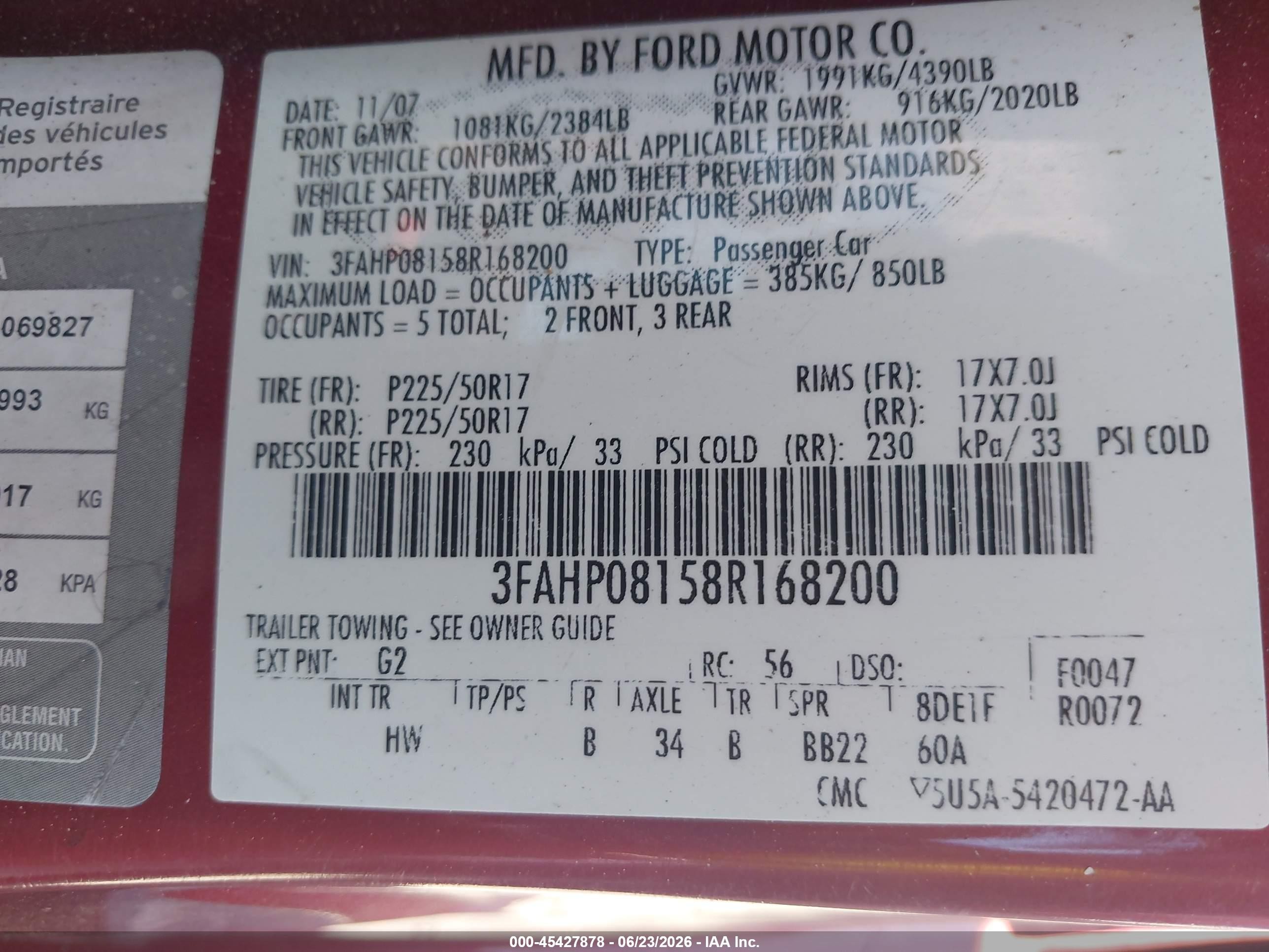 2008 Ford Fusion Sel Красный vin: 3FAHP08158R168200