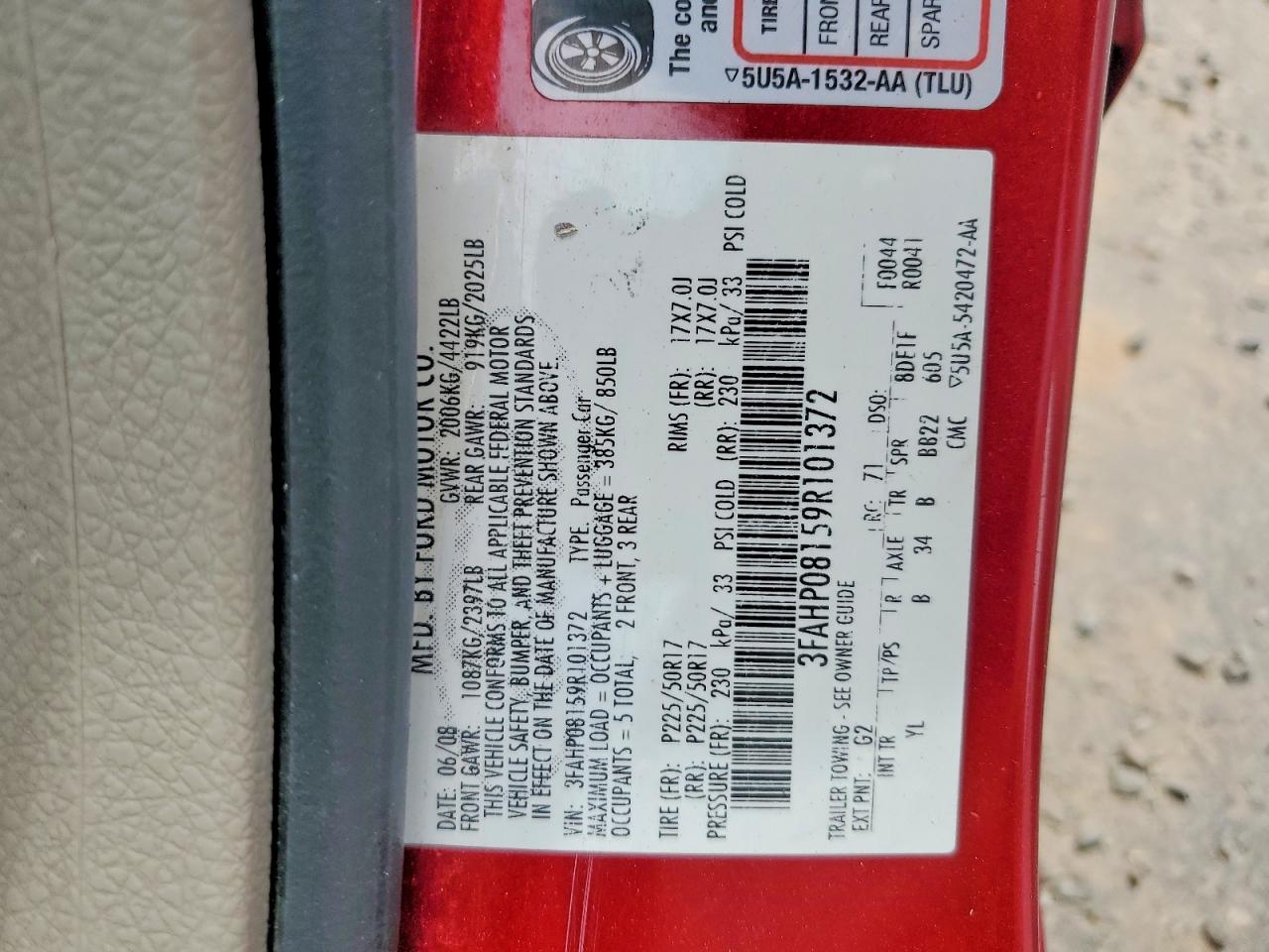 2009 Ford Fusion Sel Red vin: 3FAHP08159R101372