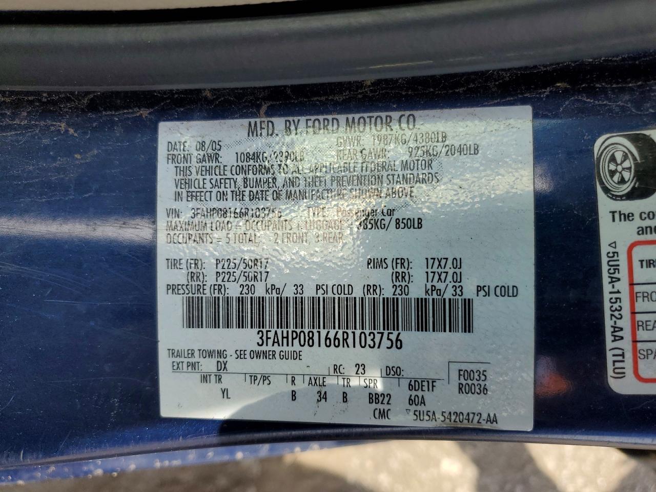 2006 Ford Fusion Sel Blue vin: 3FAHP08166R103756