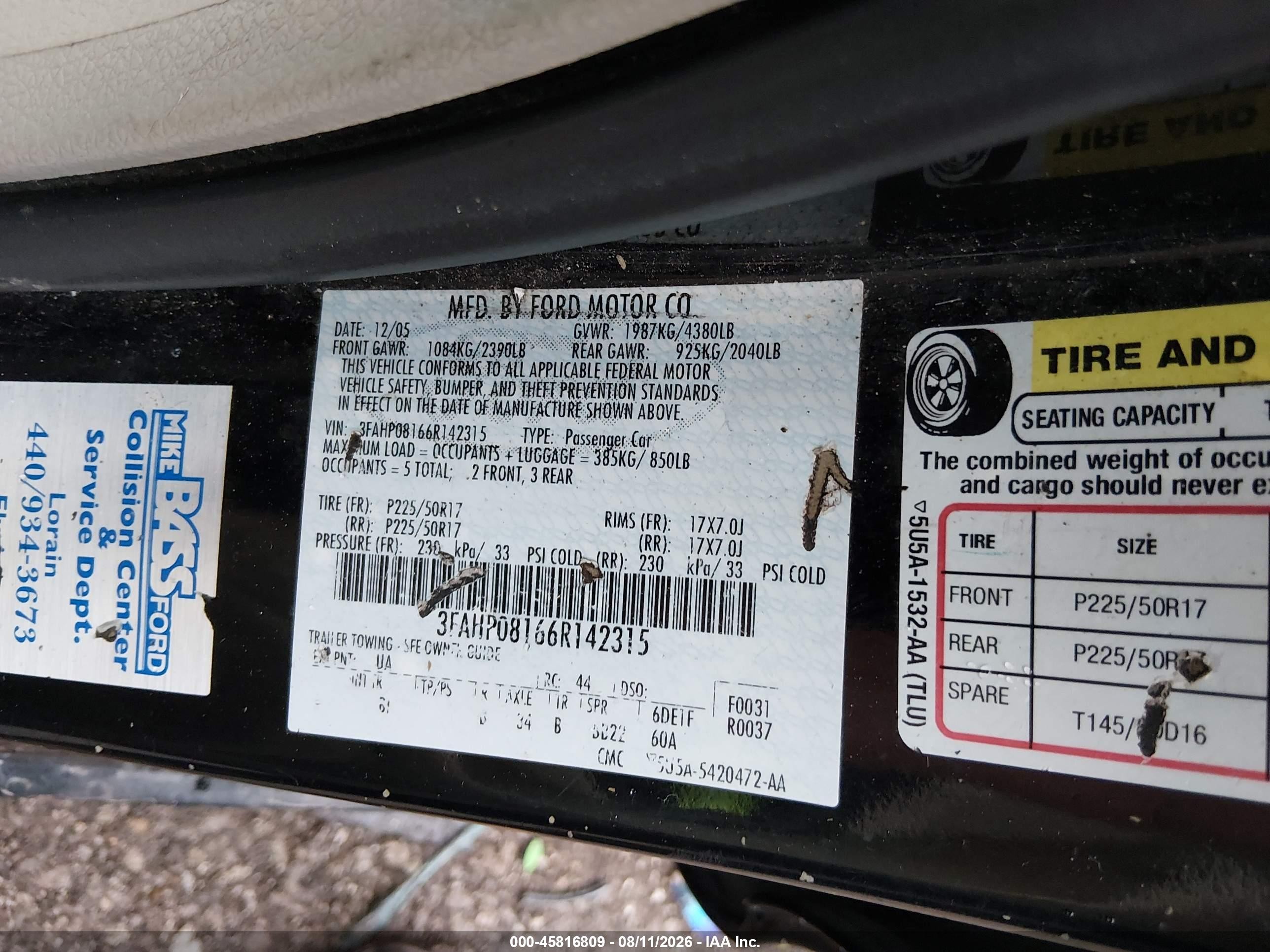 2006 Ford Fusion Sel Black vin: 3FAHP08166R142315