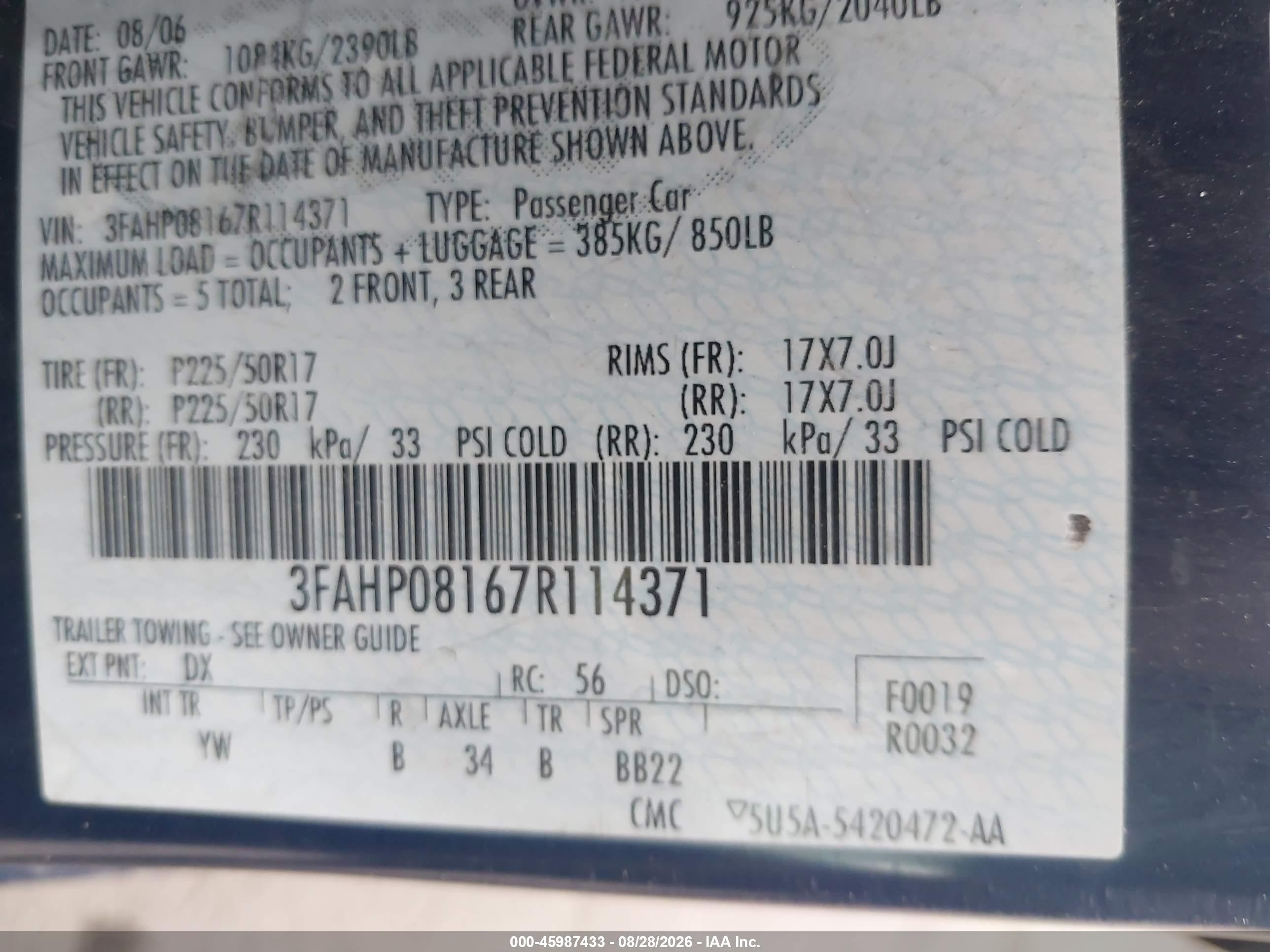 2007 Ford Fusion Sel Blue vin: 3FAHP08167R114371
