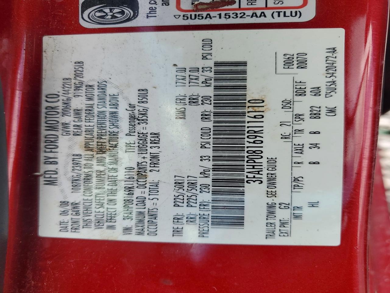2009 Ford Fusion Sel Red vin: 3FAHP08169R116110