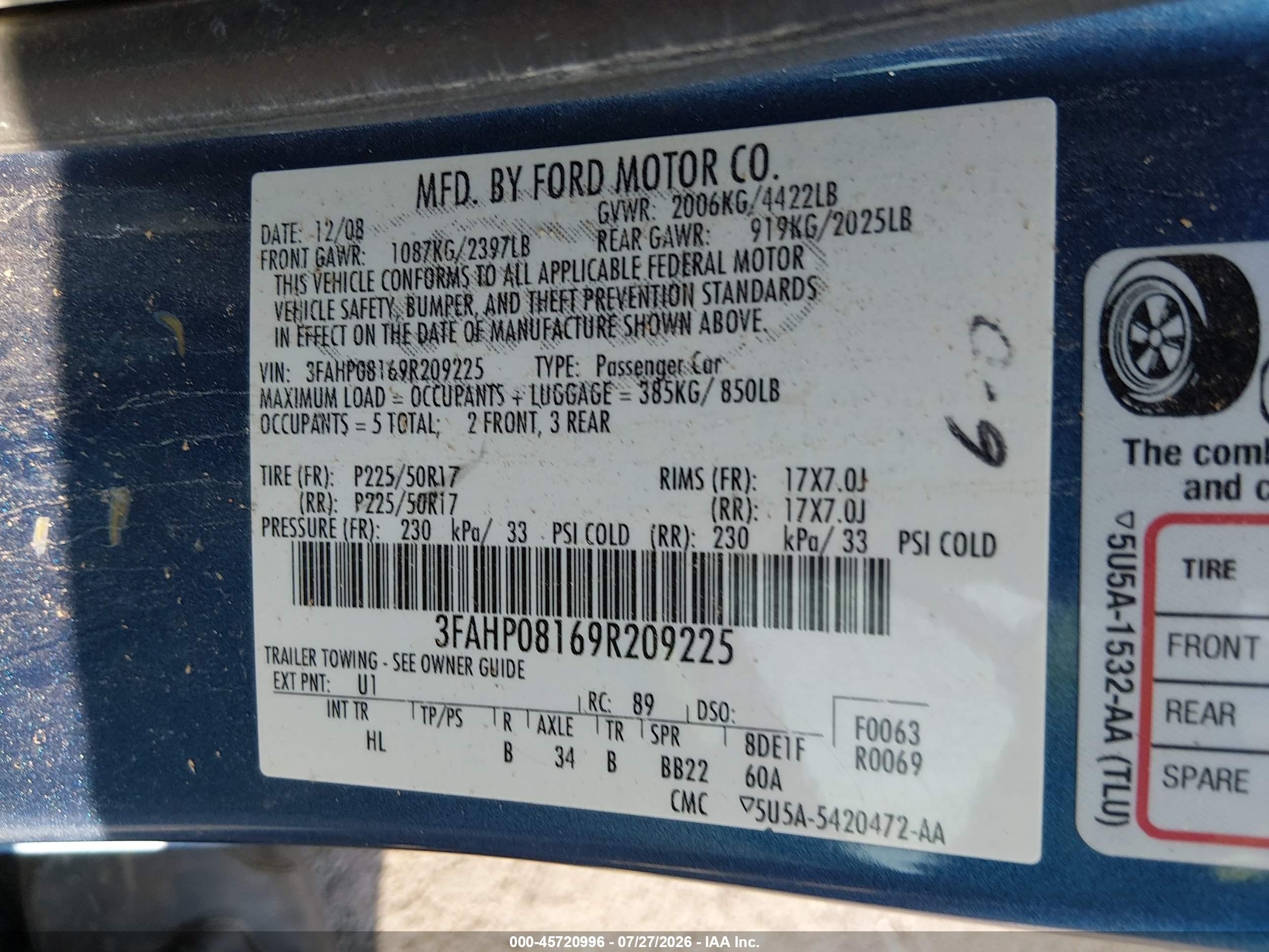 2009 Ford Fusion Sel Blue vin: 3FAHP08169R209225