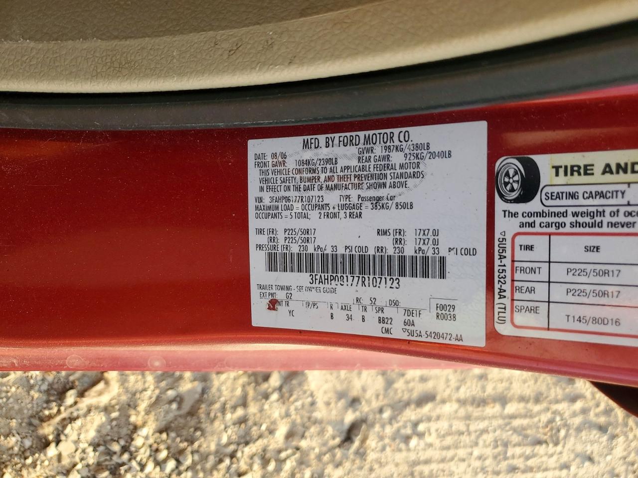 2007 Ford Fusion Sel Red vin: 3FAHP08177R107123