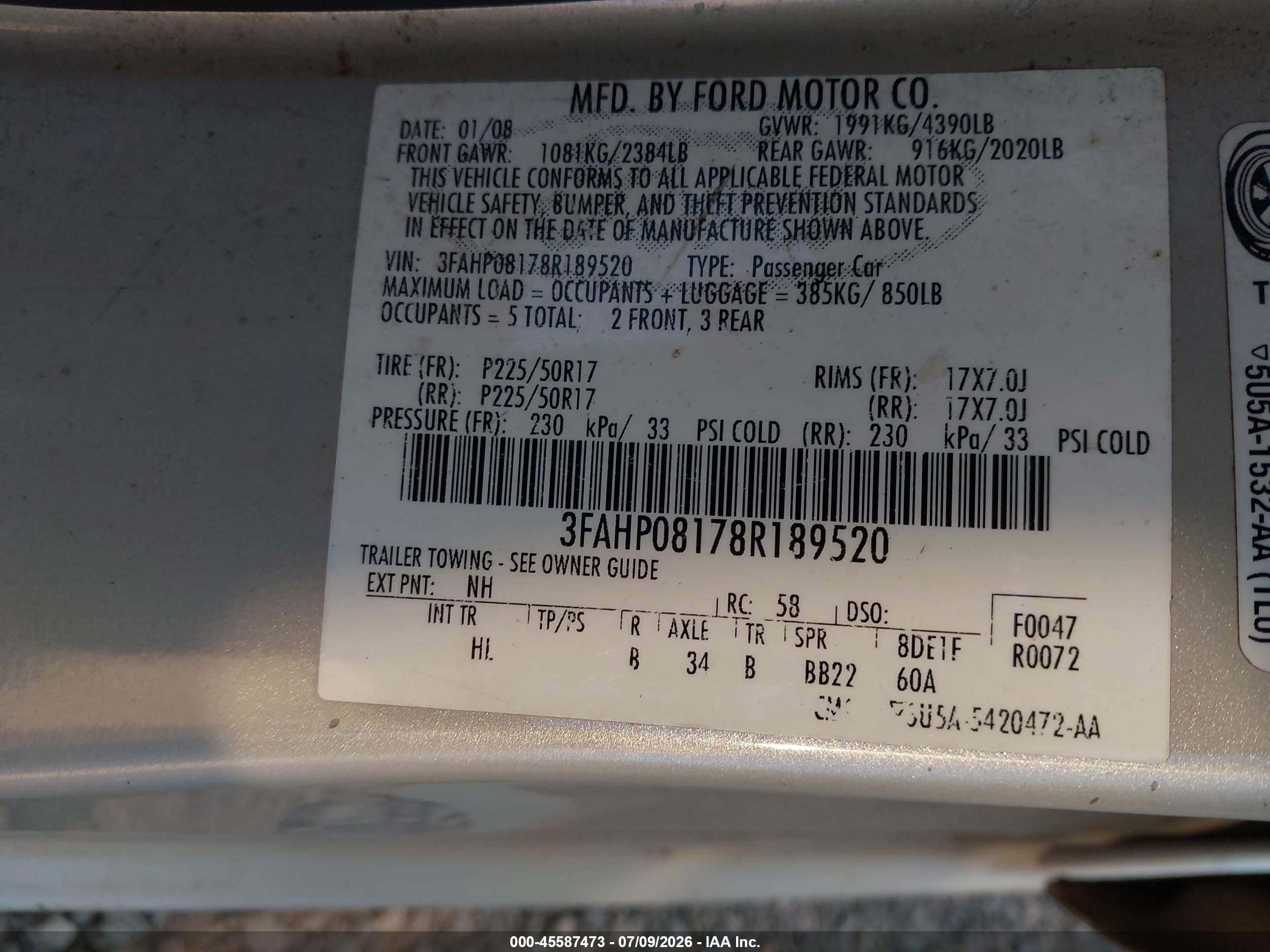 2008 Ford Fusion Sel Cream vin: 3FAHP08178R189520